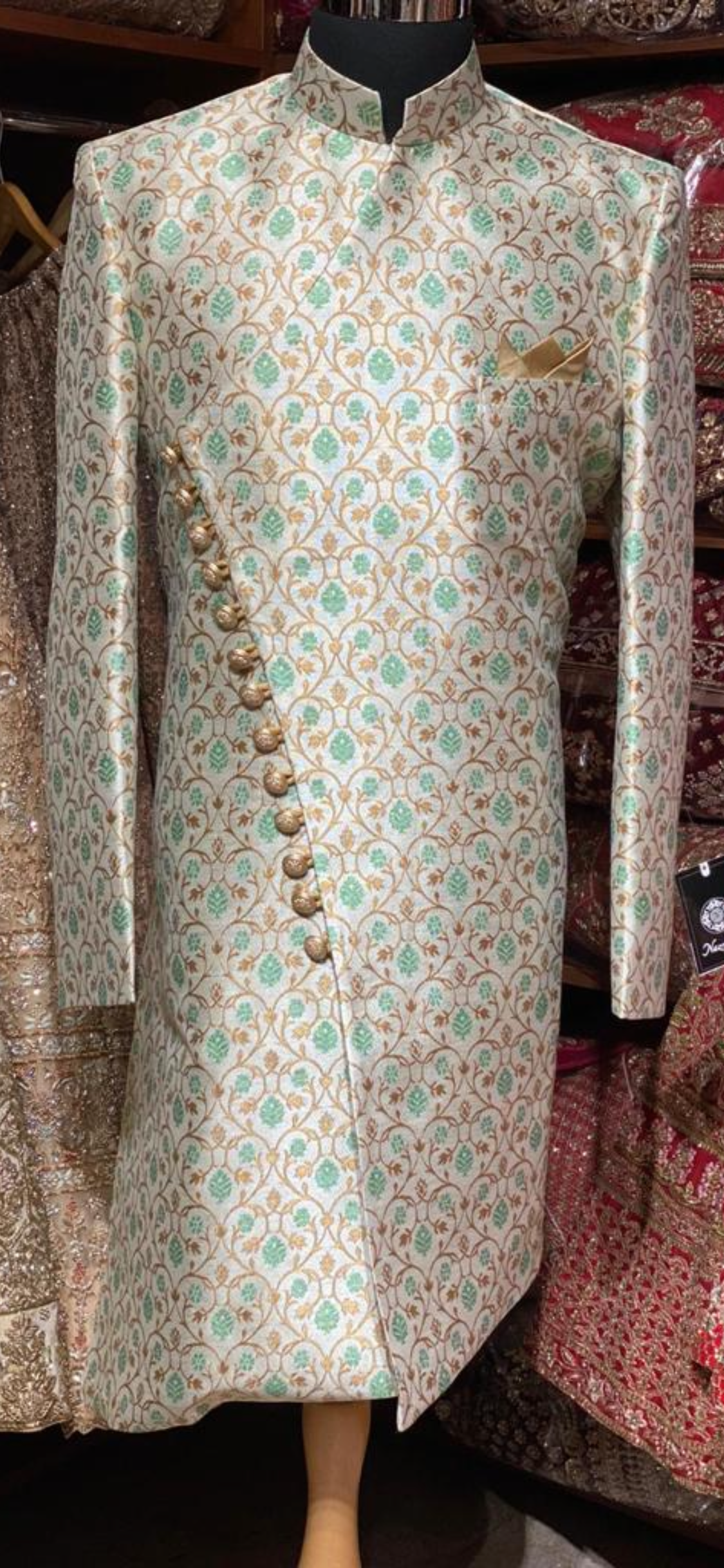 Mint Floral Print Brocade Size 42 Sherwani