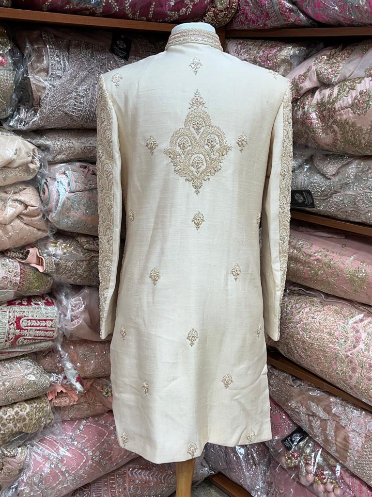 Beige White Zari Embroidered Sherwani- R14-N94