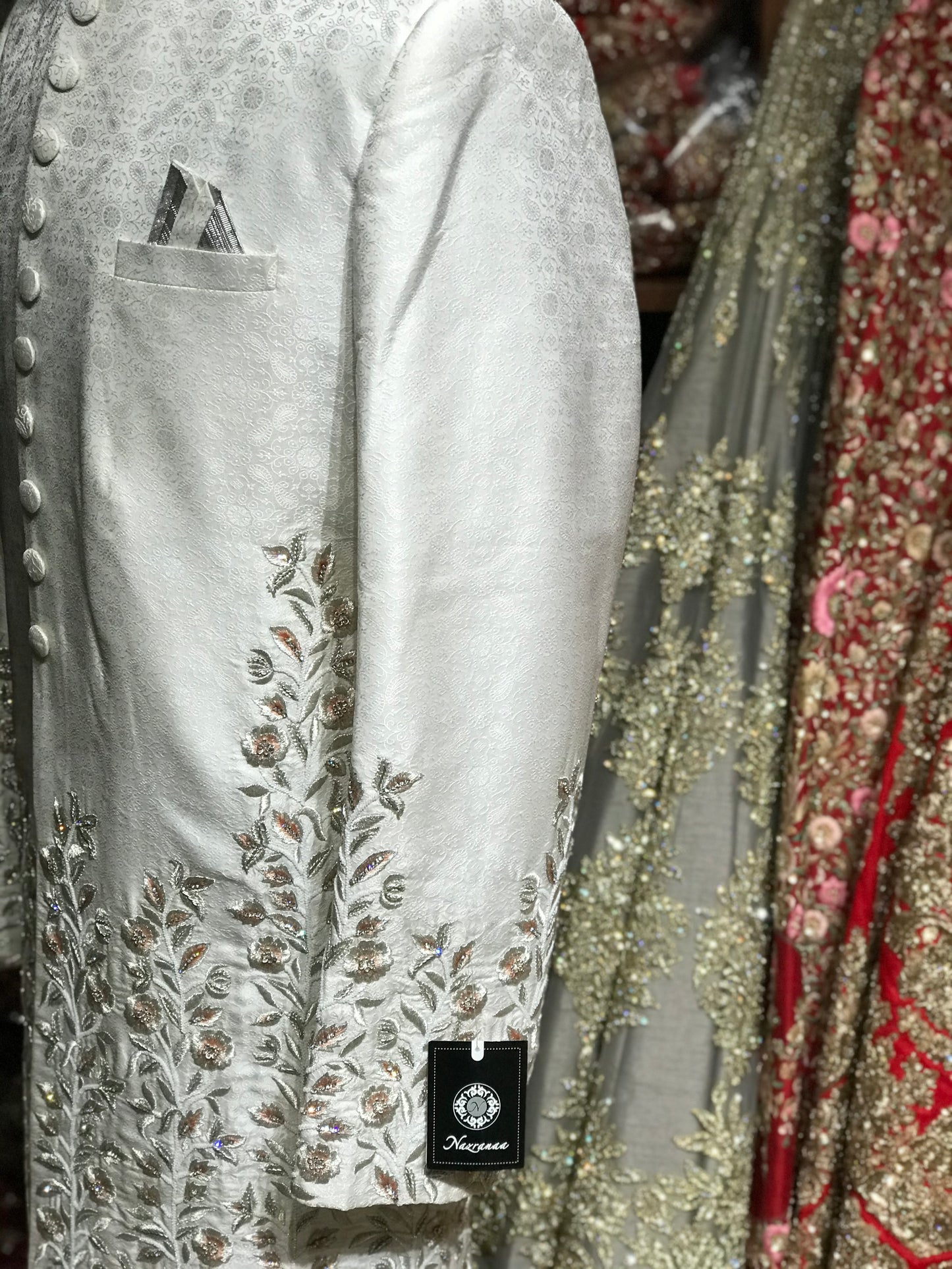 White Sherwani W/ Peach Accents