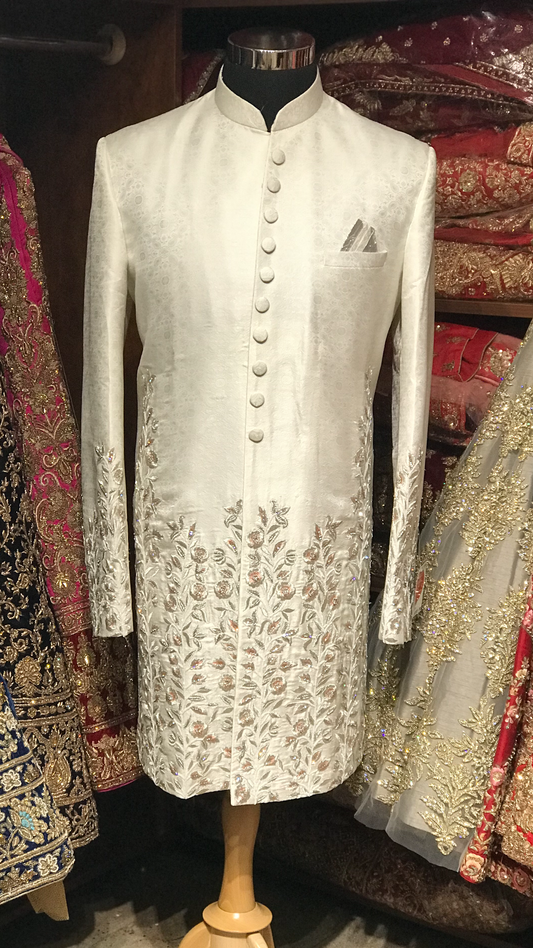 White Sherwani W/ Peach Accents