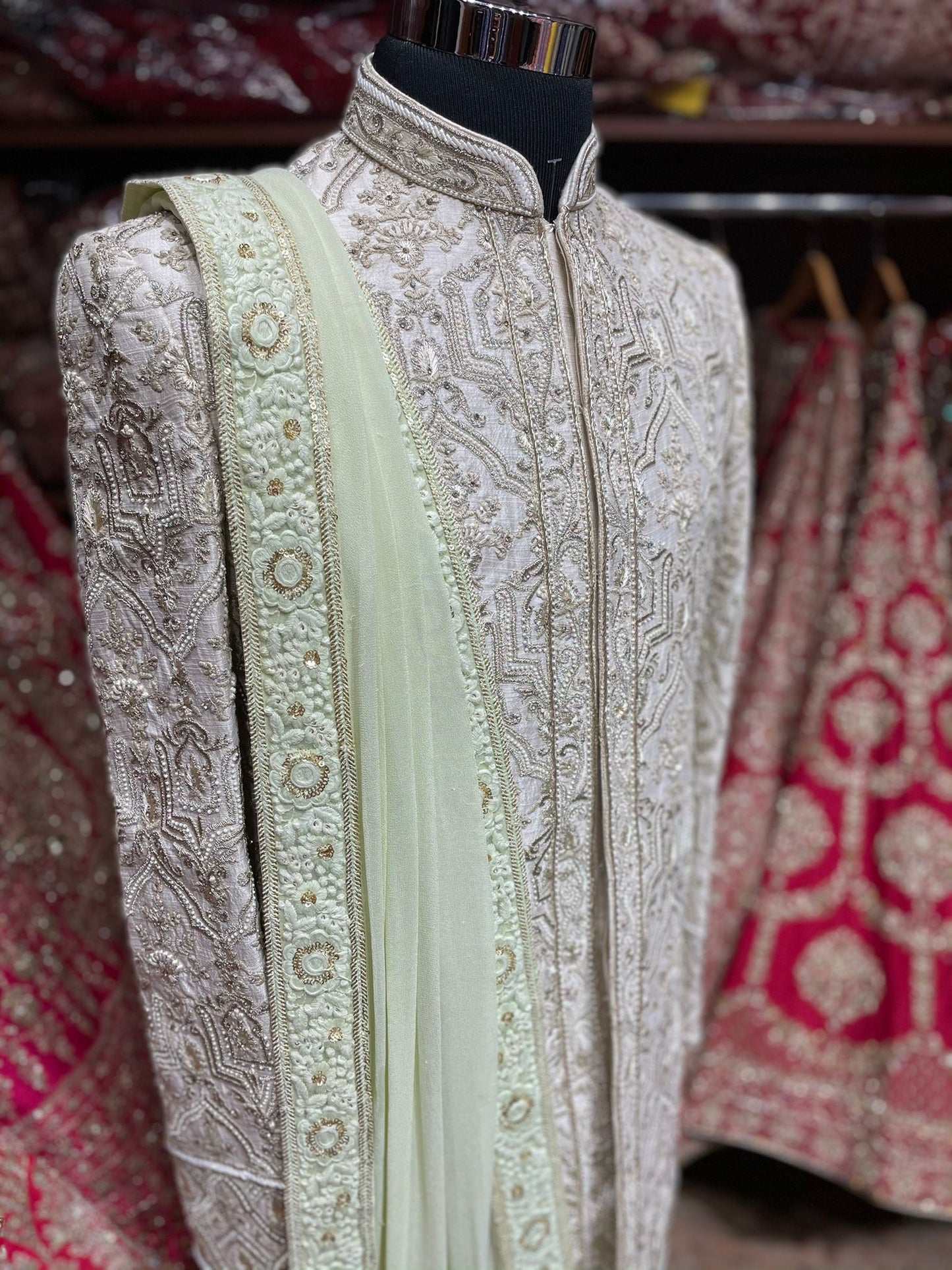 Ivory Silk Embroidered Sherwani-124