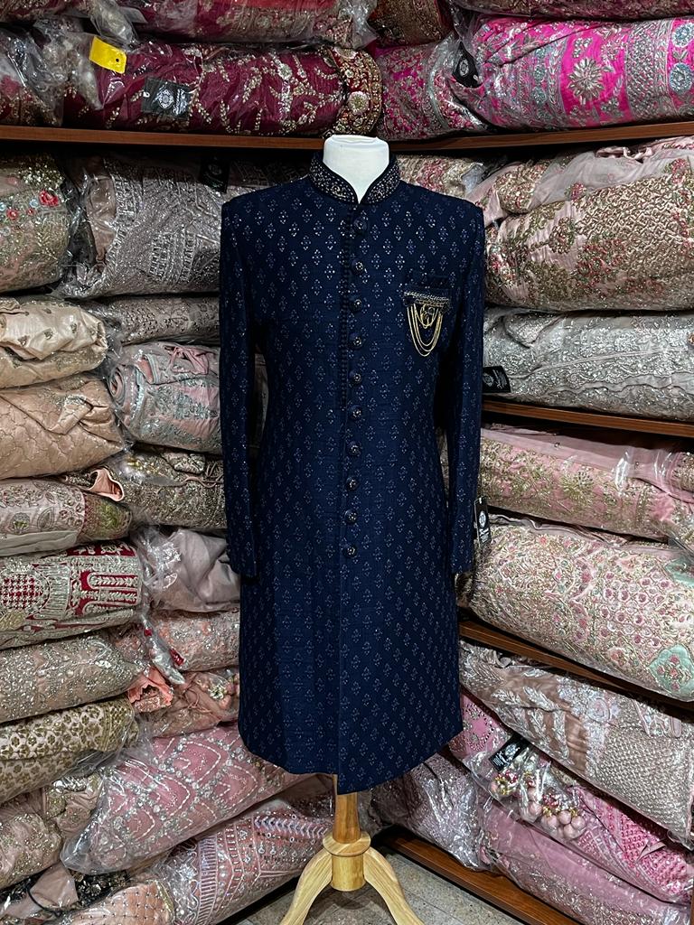 Midnight Blue Sequins Embroidered Sherwani-S14-06