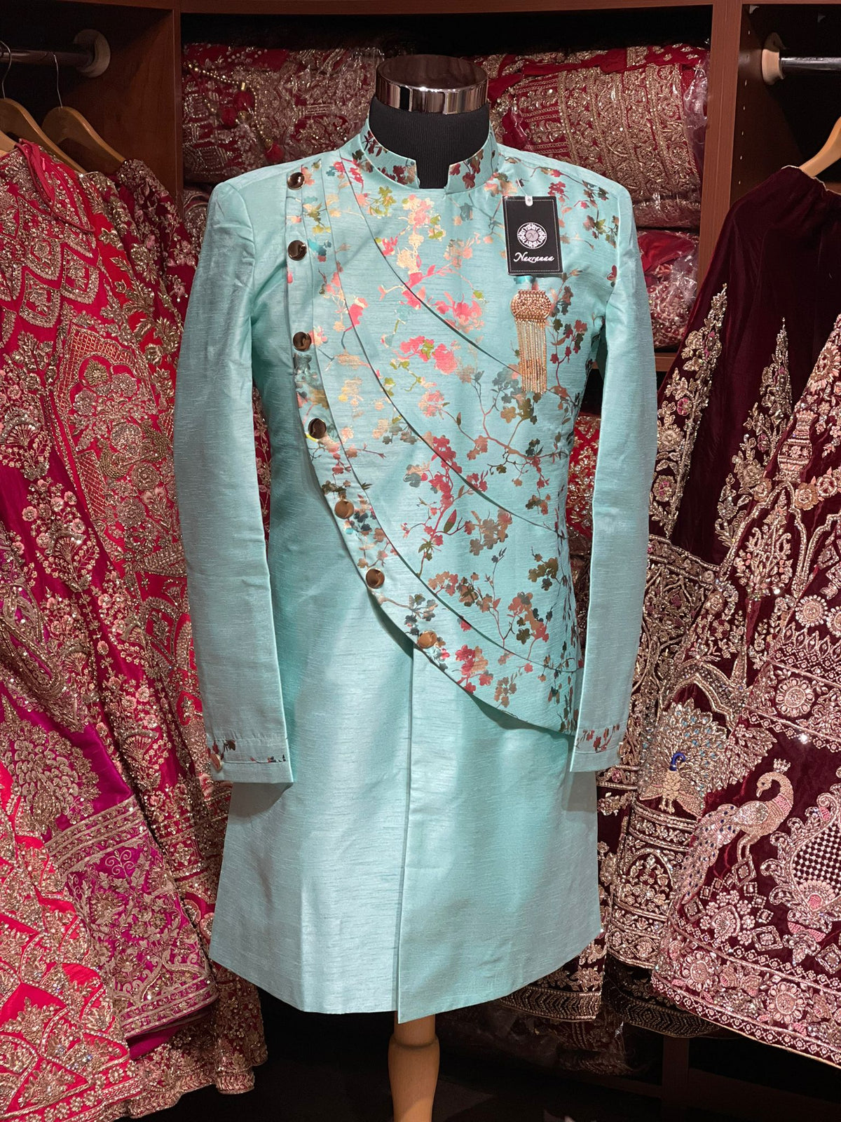 Turquoise Digital Print Asymmetric Indo-Western Coat with Churidar