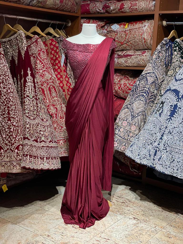 Rosewood Red Pre-Stitched Saree W/ Readymade Blouse PSS-40