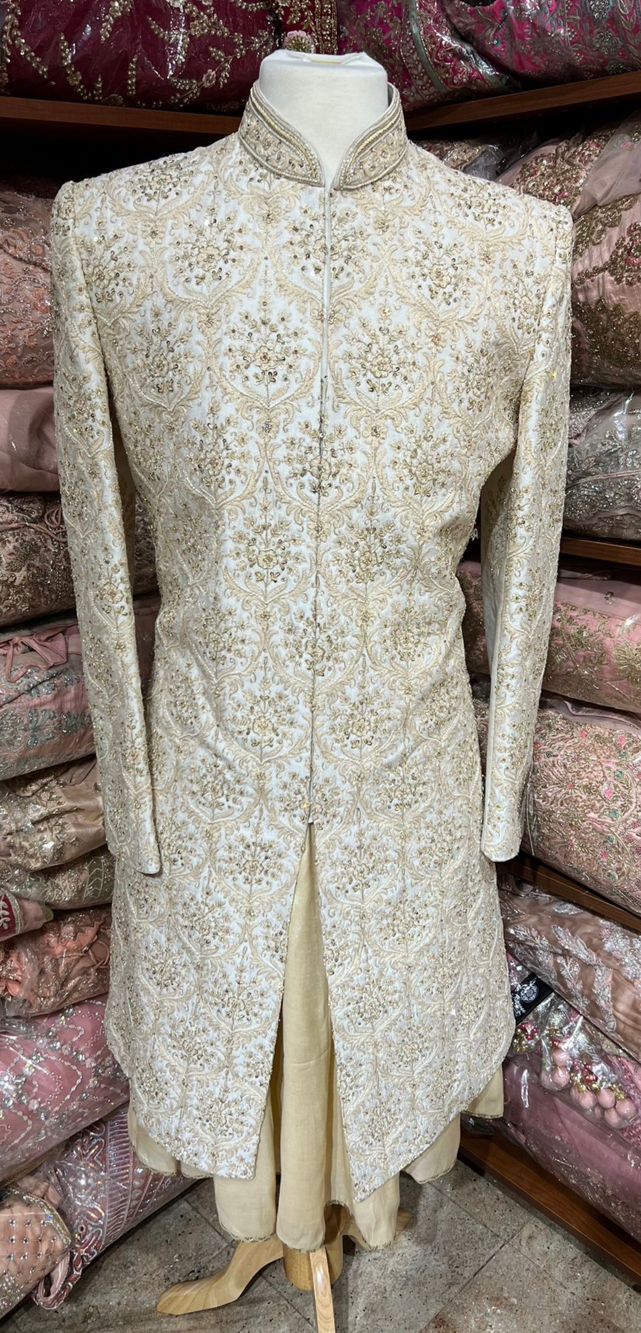 Beige Embroidered Wedding Sherwani