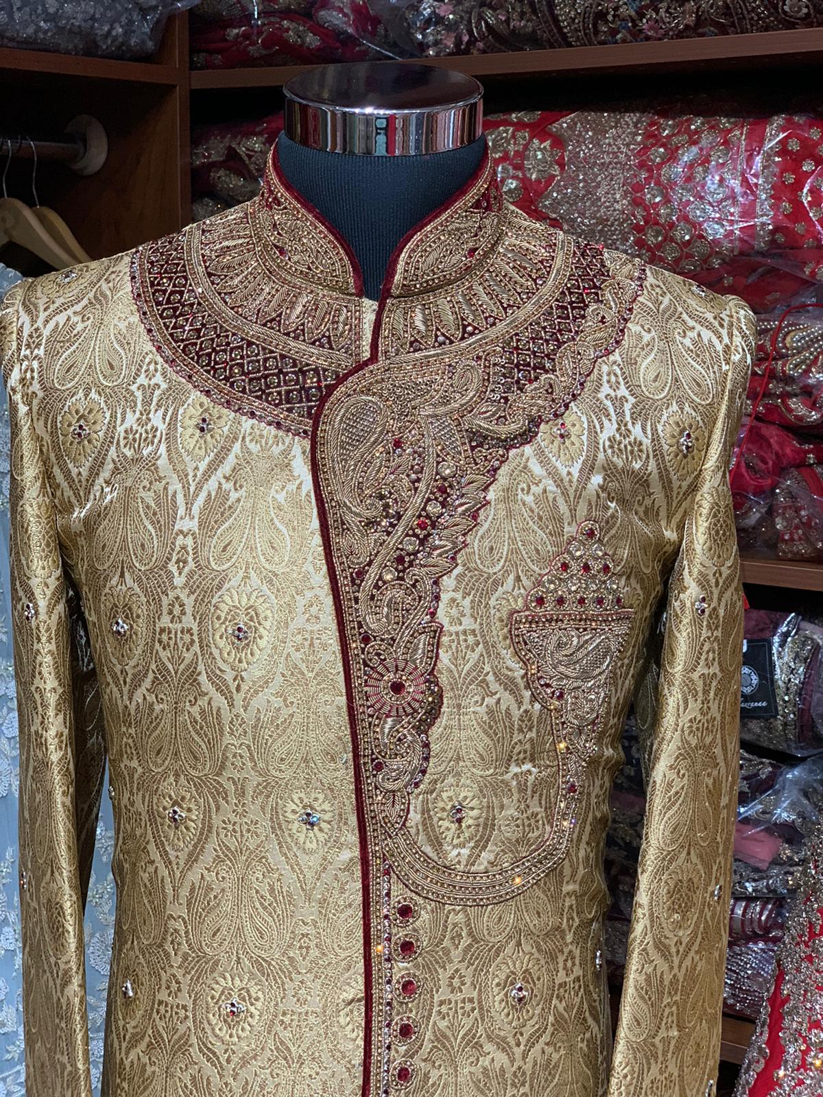 Gold Maroon Size 40 Wedding Sherwani