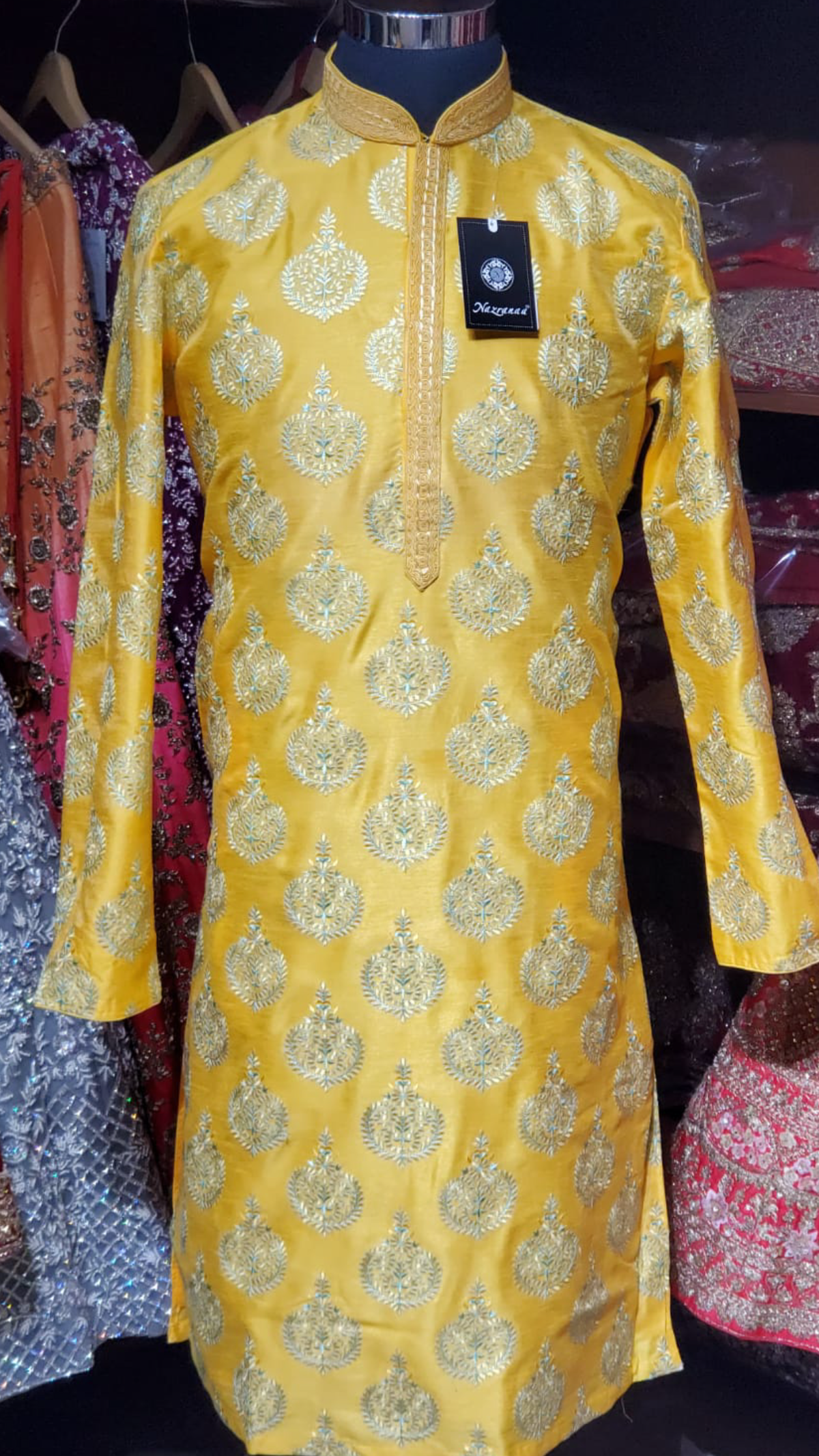 Marigold Orange and Mint Green Kurta Pajama with Crest Embroidery