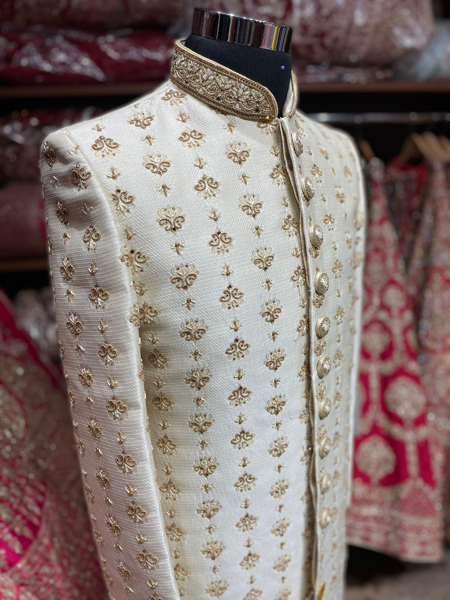 Pearl White & Gold Silk Embroidered Sherwani- S46