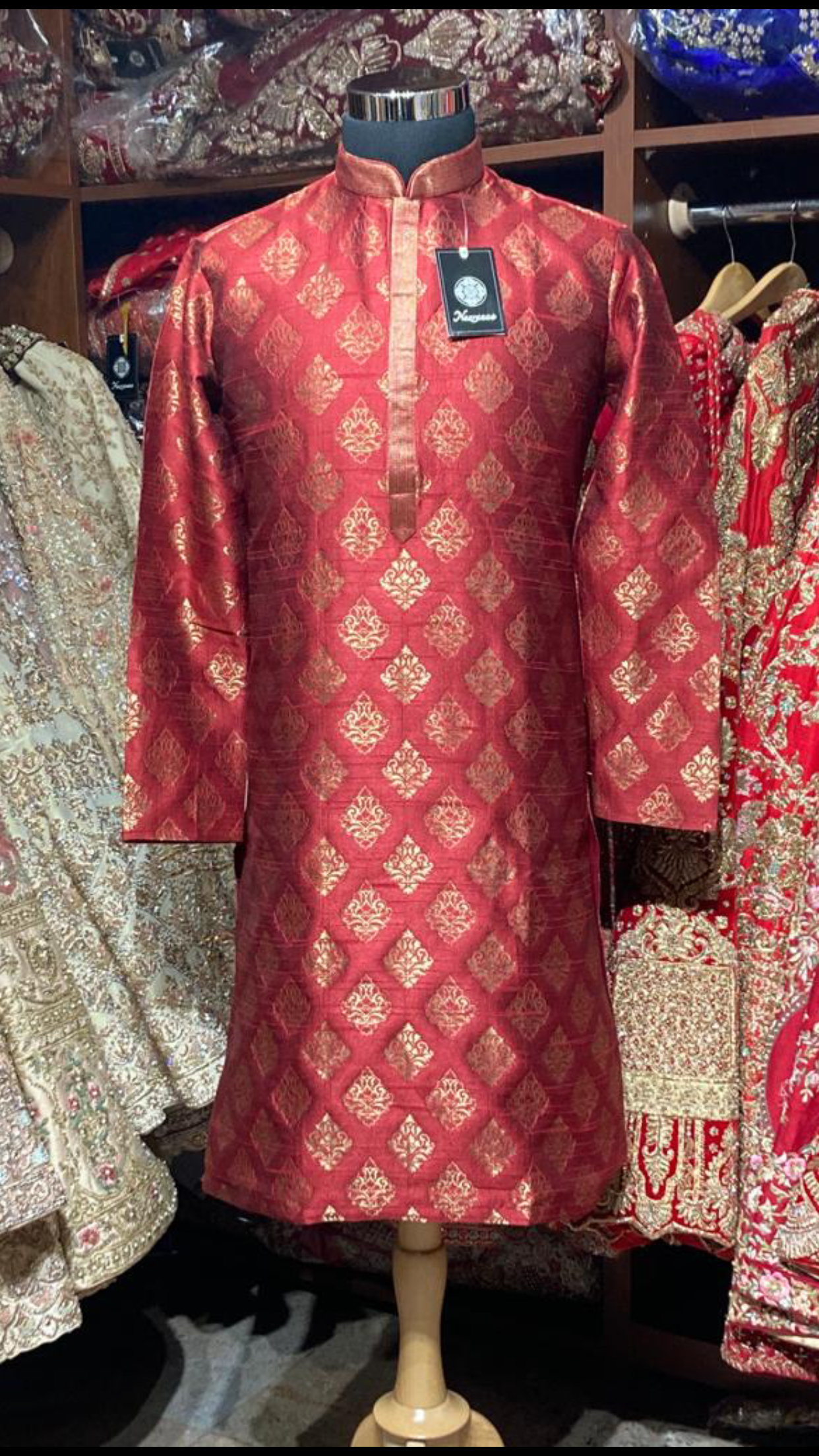 Maroon Banarasi Brocade Kurta Pajama with Gold Diamond Motifs