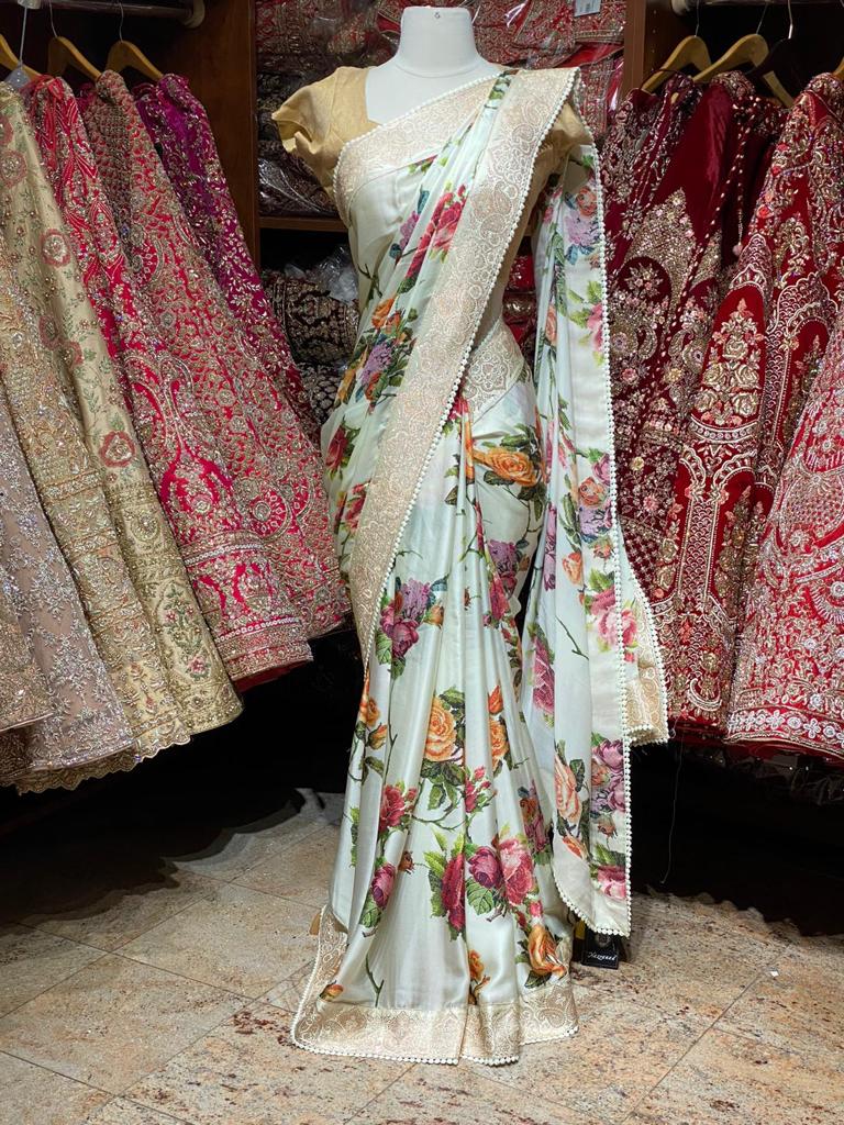 Macaroon Cream Floral Georgette Saree