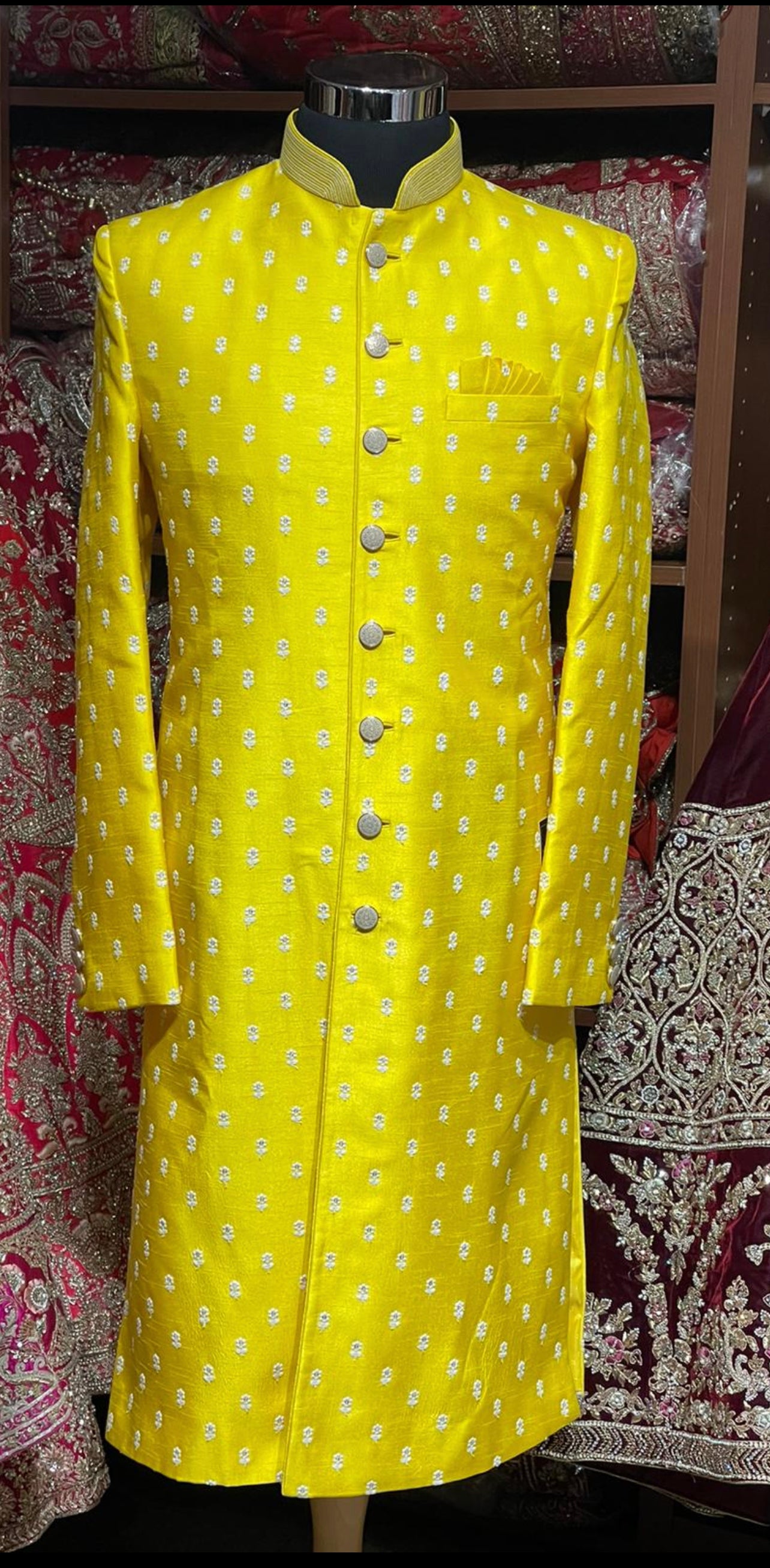 Mustard Yellow Thread Embroidered Sherwani- M1033