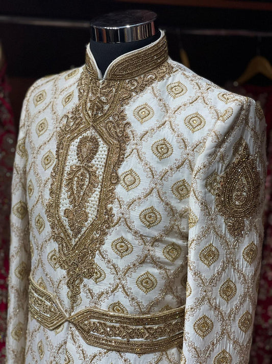 Off White Zardozi Embroidered Sherwani -6209