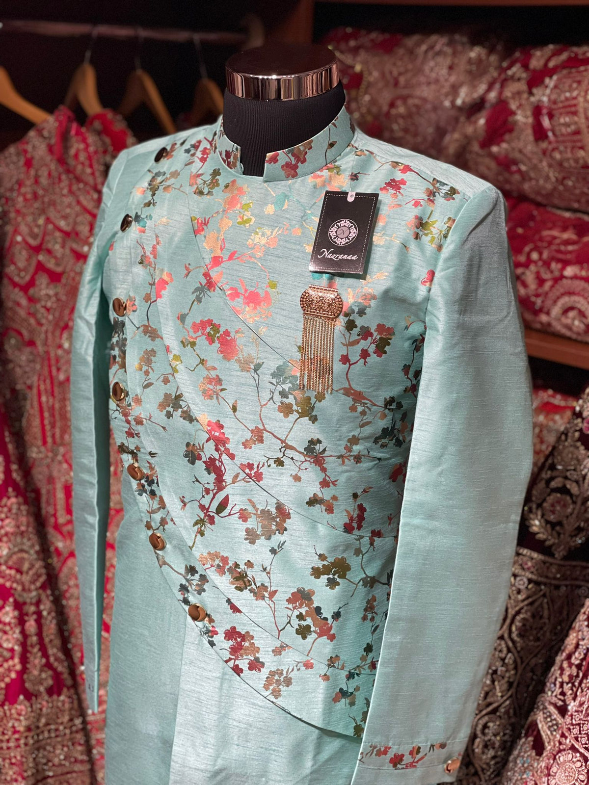 Turquoise Digital Print Asymmetric Indo-Western Coat with Churidar