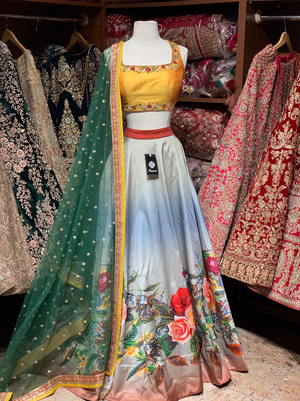 Yellow & Grey Digital Printed Party Wear Lehenga PWL-075