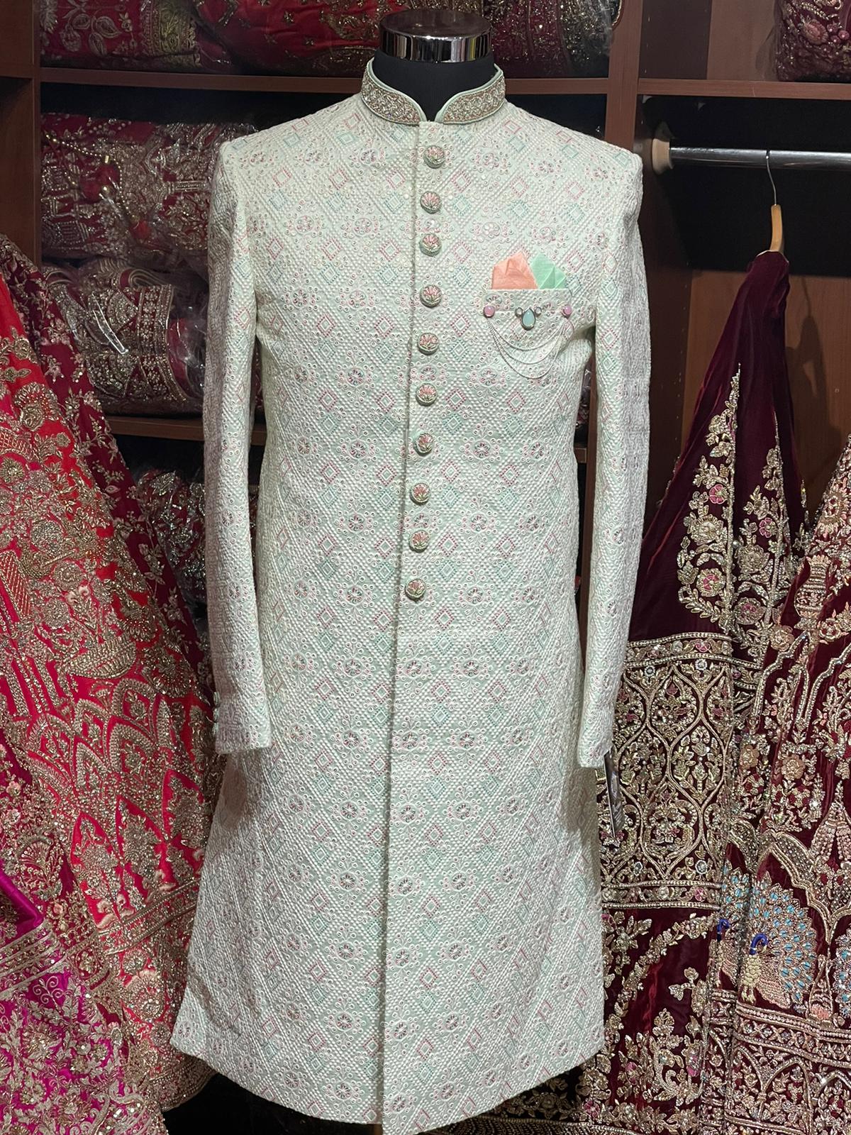 Tea Green Multithreaded Embroidered Sherwani- S1299