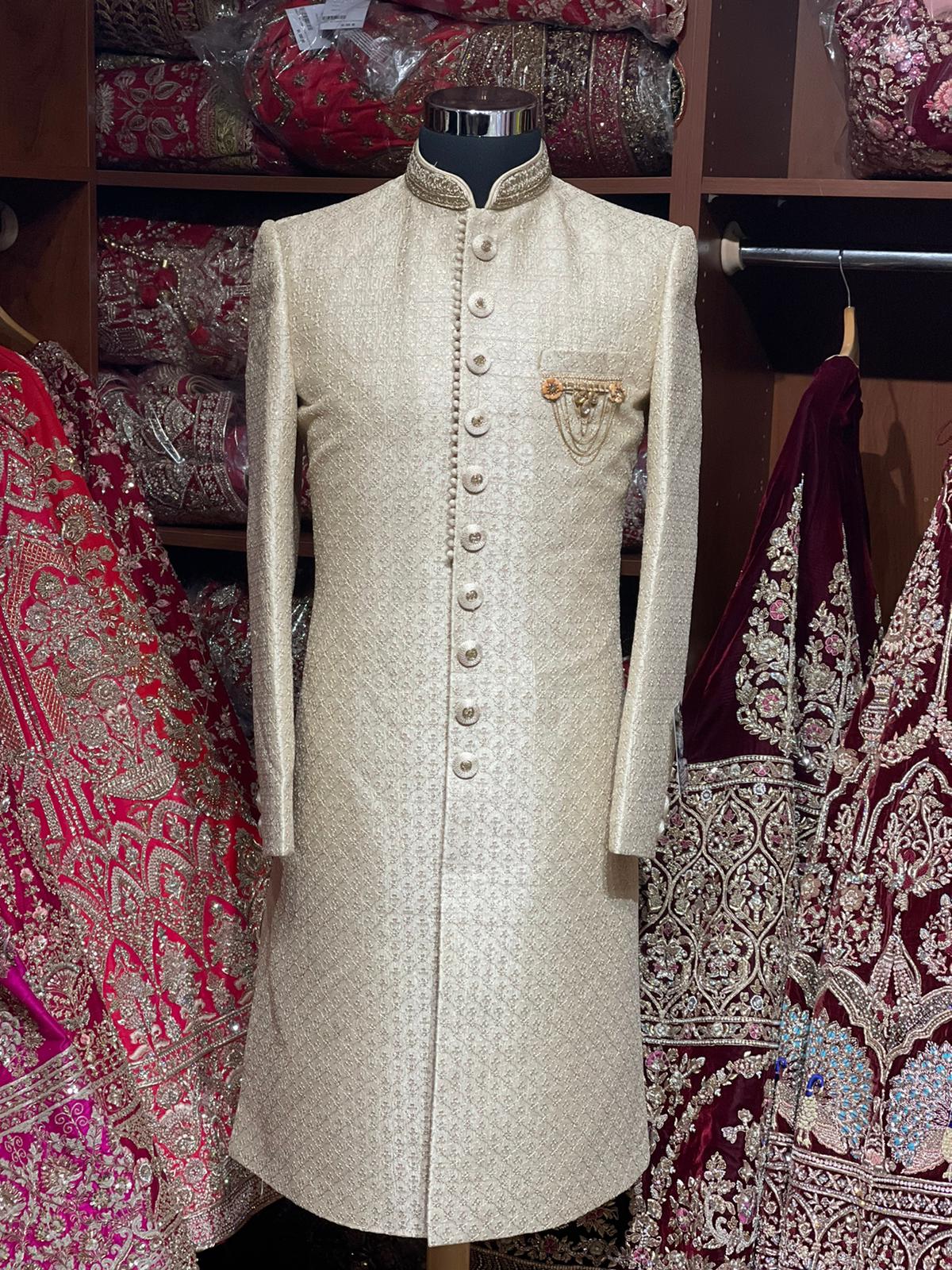 Sand Cream Thread Embroidered Sherwani- 1276