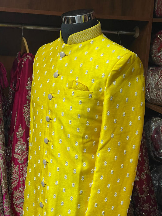 Mustard Yellow Thread Embroidered Sherwani- M1033