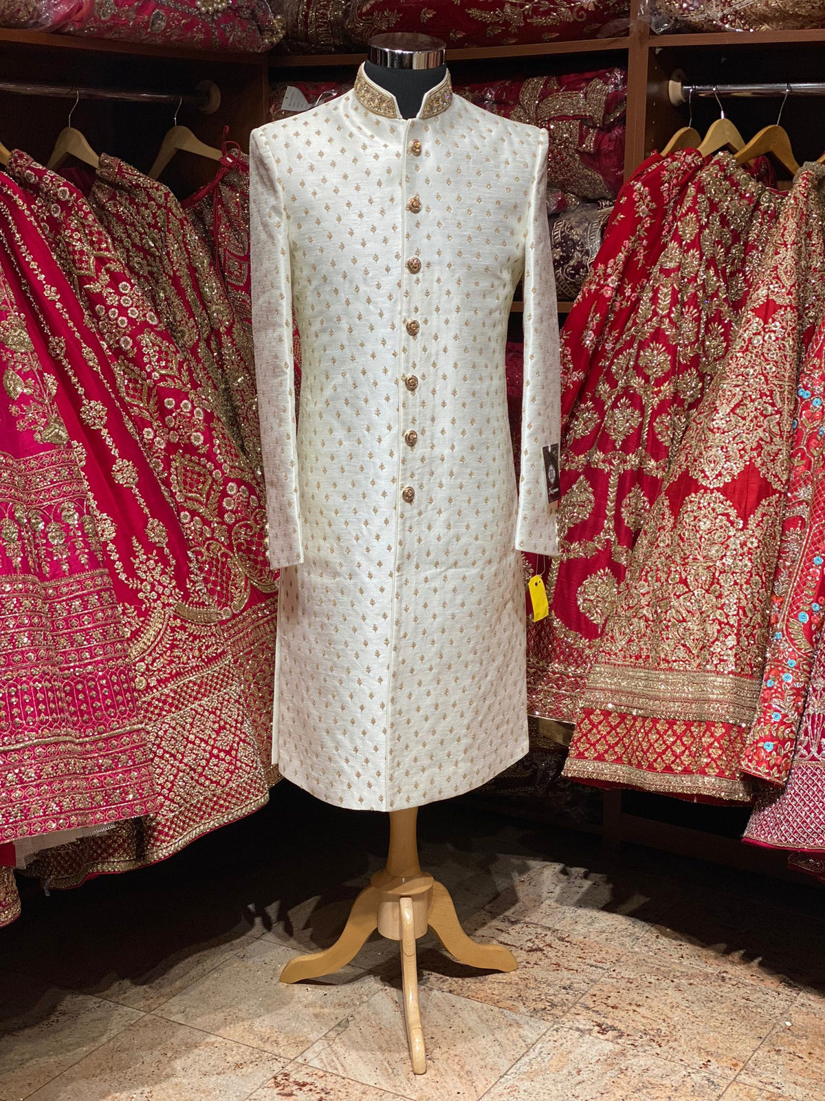 Off White Zari Embroidered Sherwani with Mandarin Collar