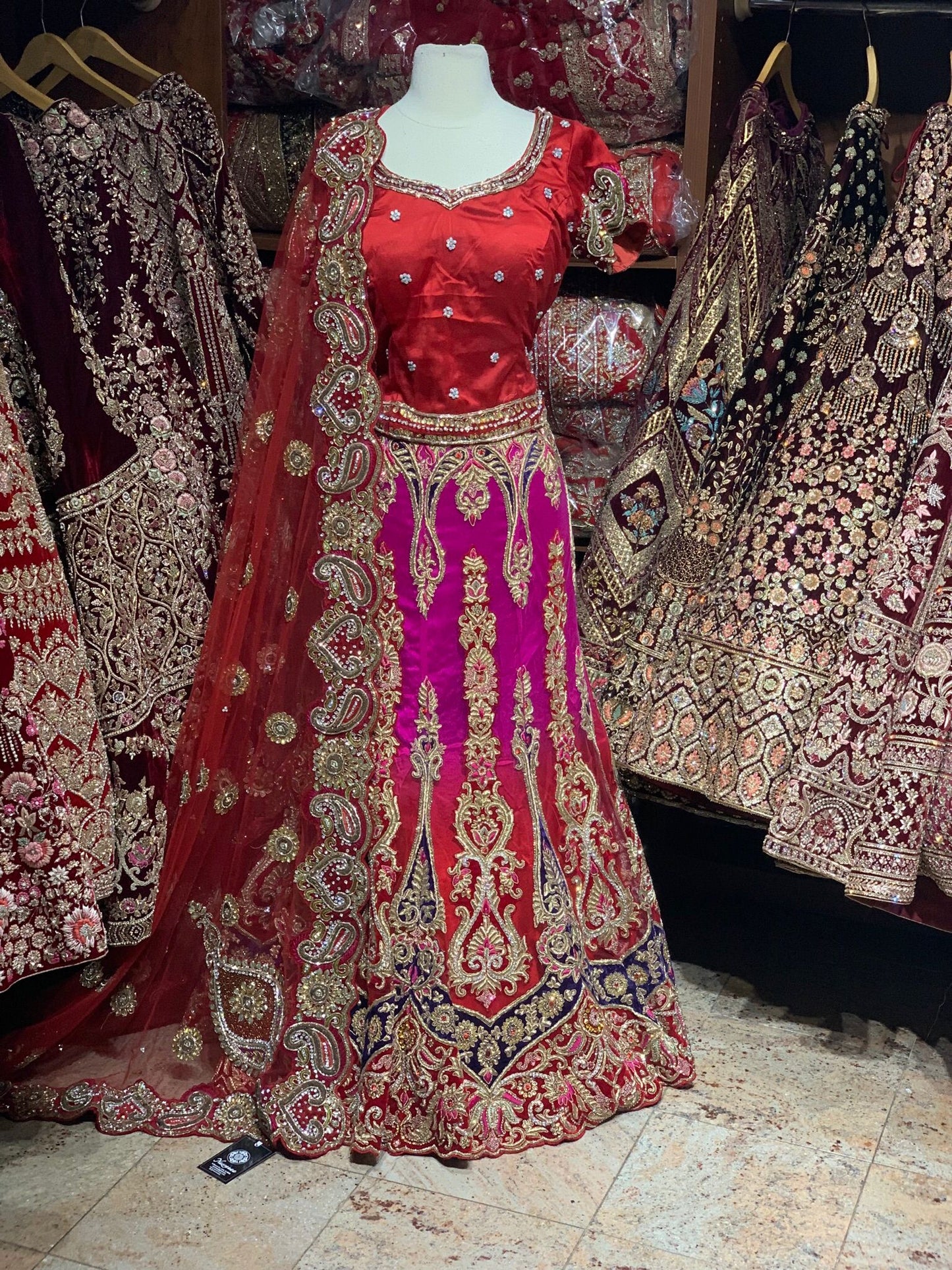 Ombre Pink & Red Luxury Collection Bridal Wear Lehenga BWL- 198