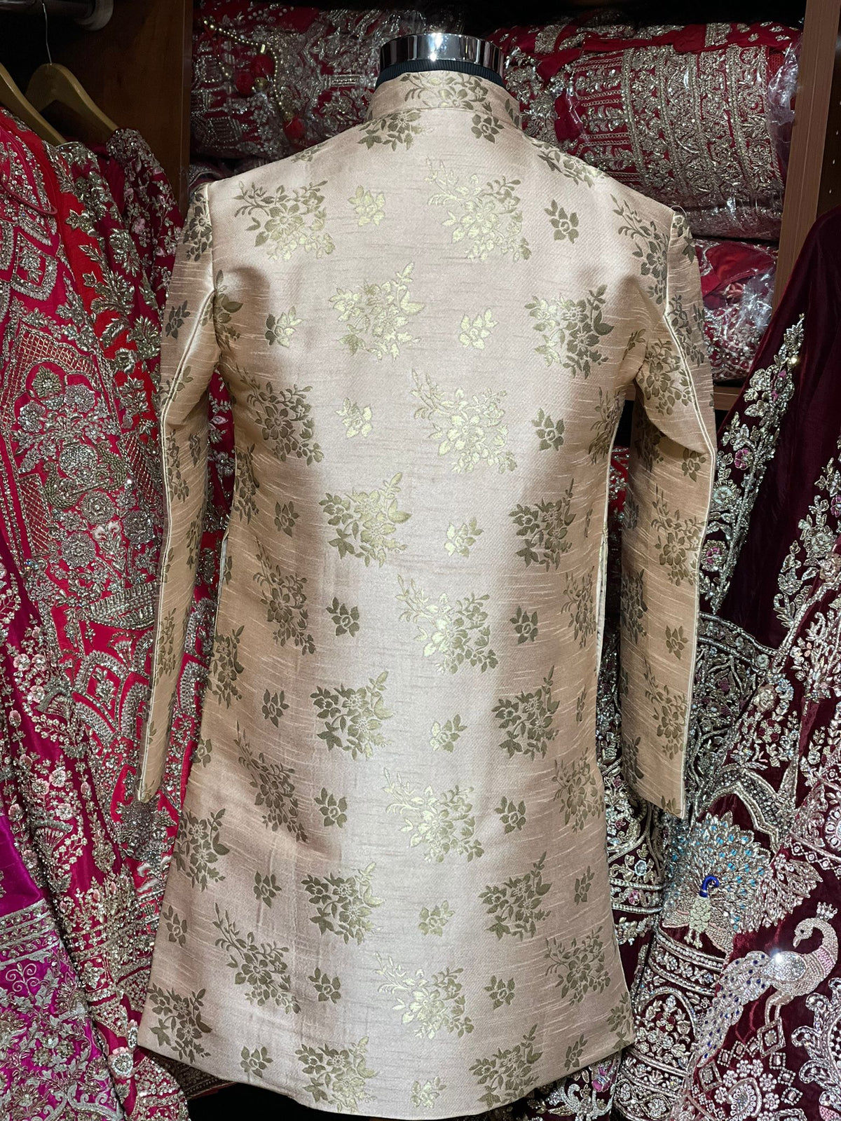 Peach Rajwadi Silk Asymmetric Sherwani with Floral Zari Motifs
