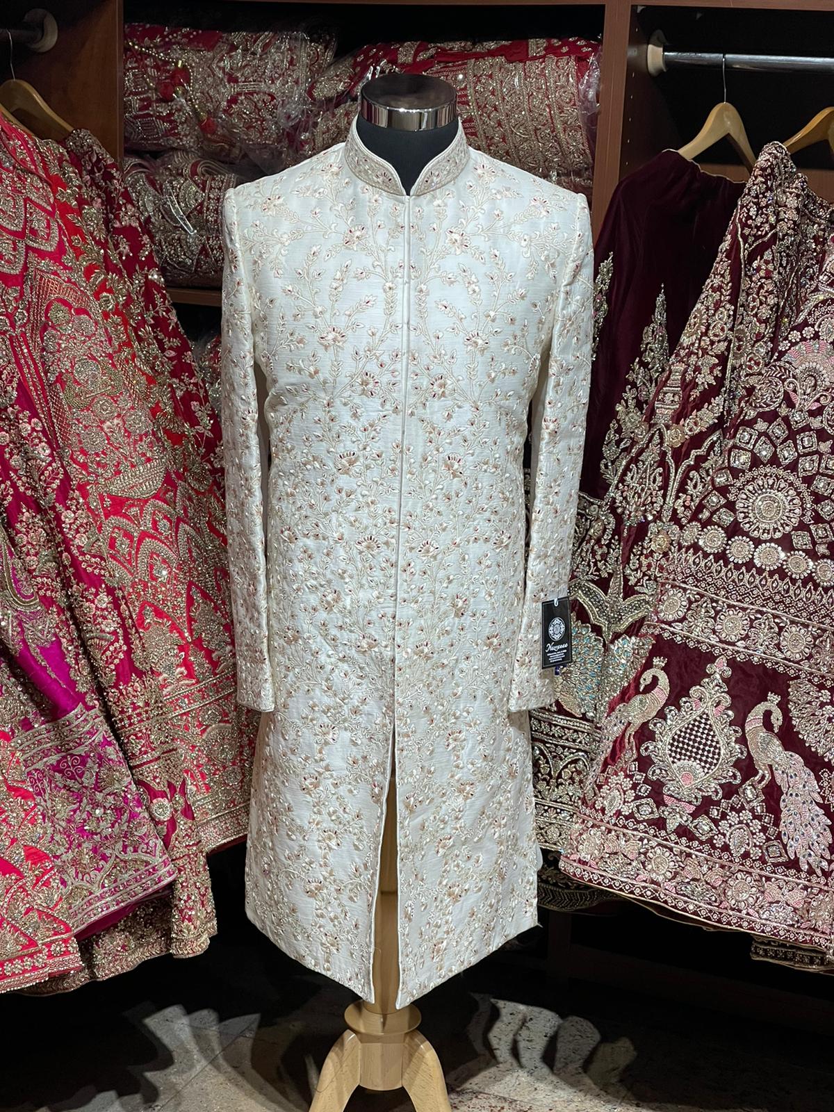 Ivory Cream Resham Thread Embroidered Sherwani-R14-N55