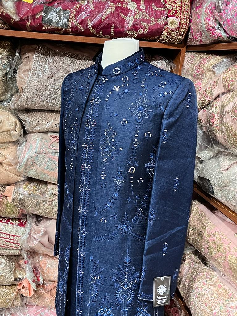 Midnight Blue Mirror Embroidered Sherwani-S13-403