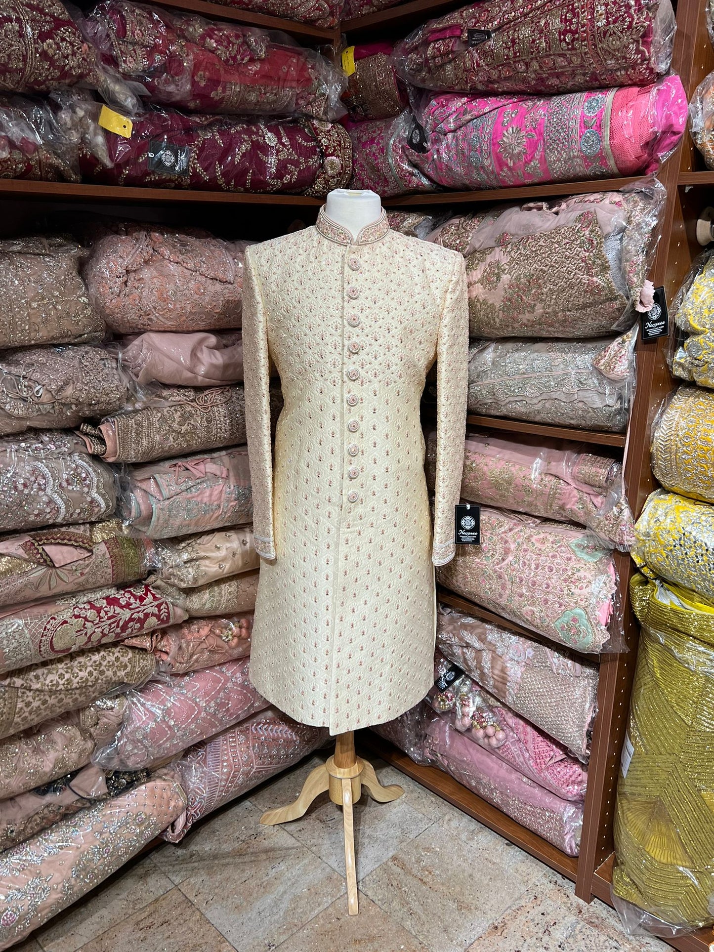 Cream Embroidered Sherwani- A4-S42