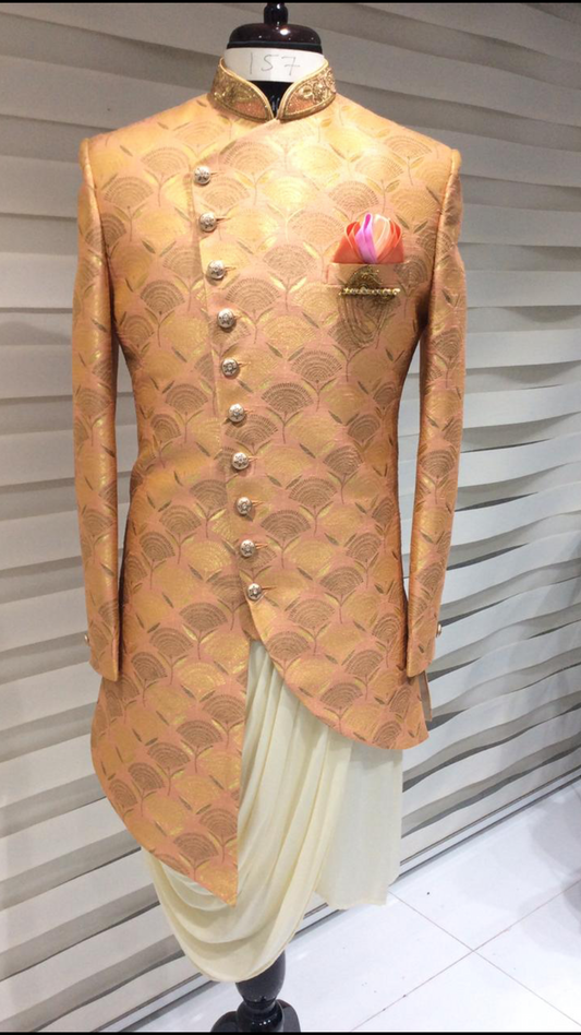 Peach Sherwani w/ Draped Kurta