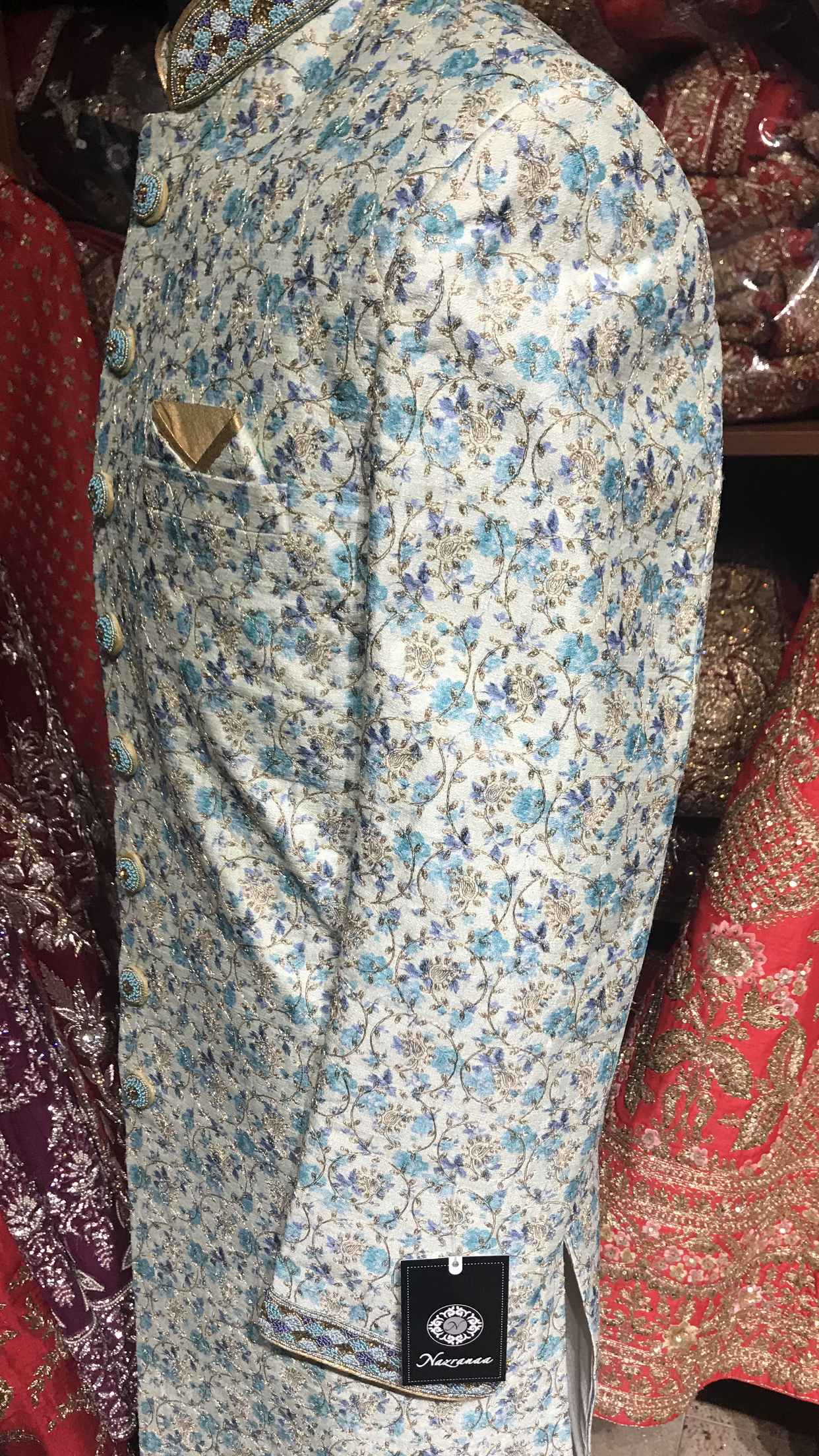 Ivory Blue Floral Print Sherwani