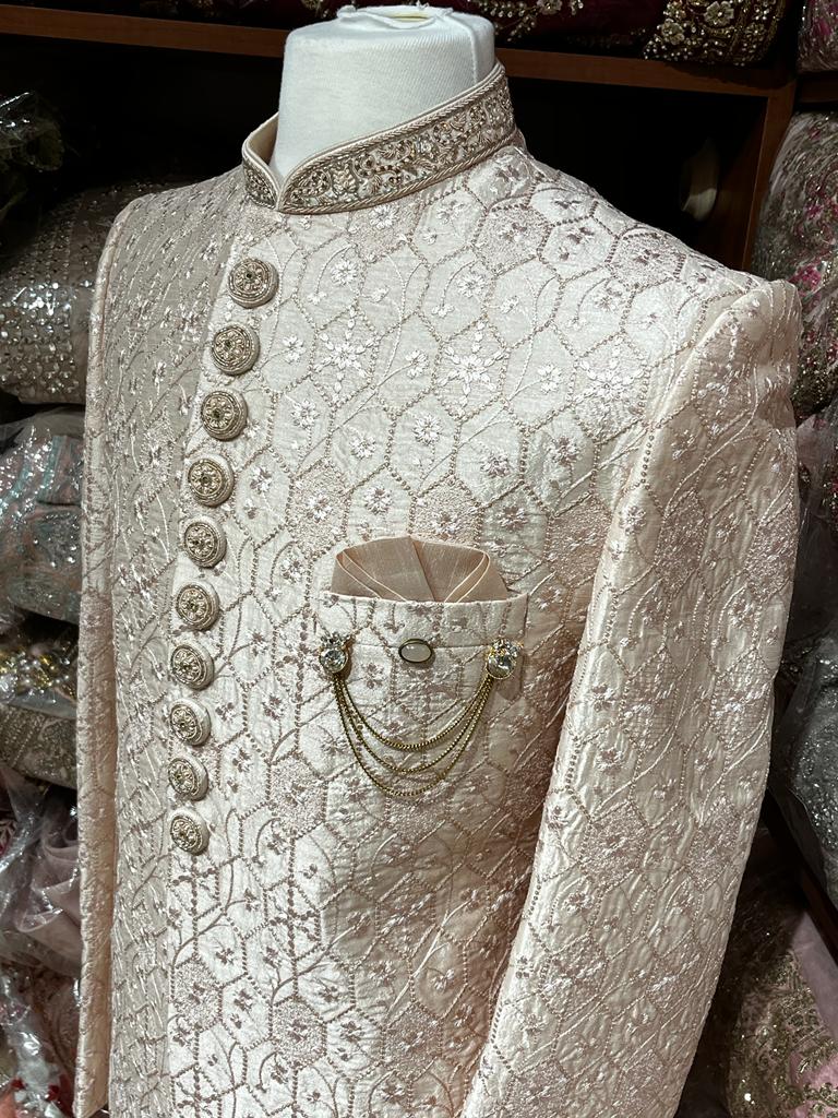 Dusky Peach Floral Thread Embroidered Sherwani-S14-01