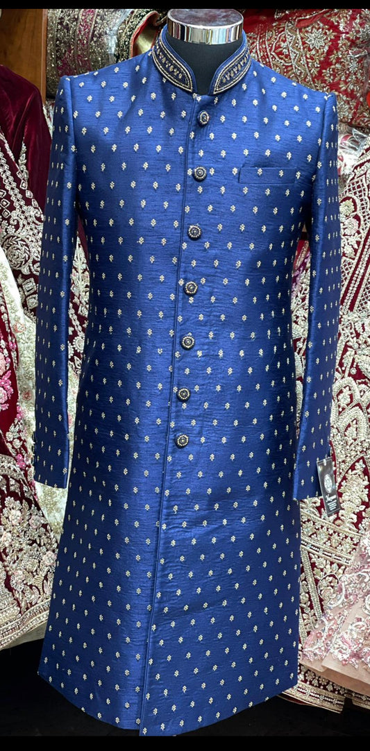 Regal Blue Resham Thread Embroidered Sherwani-P10-S38