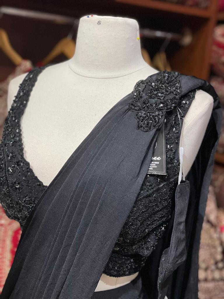 Smoky Black Pre-Stitched Saree W/ Readymade Blouse PSS-37