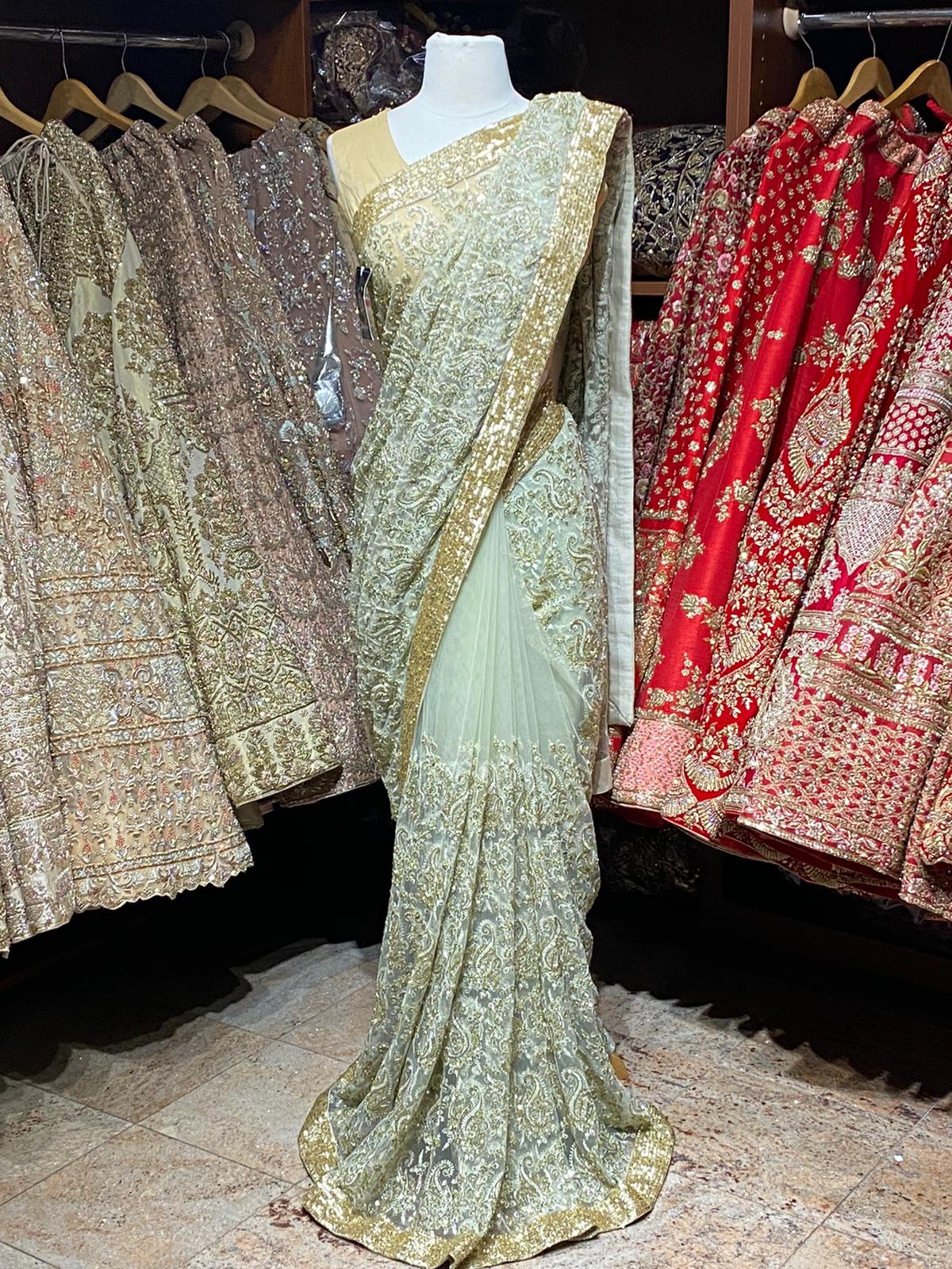 Sage Green Net Saree with Sequin and Cut Dana Embroidery