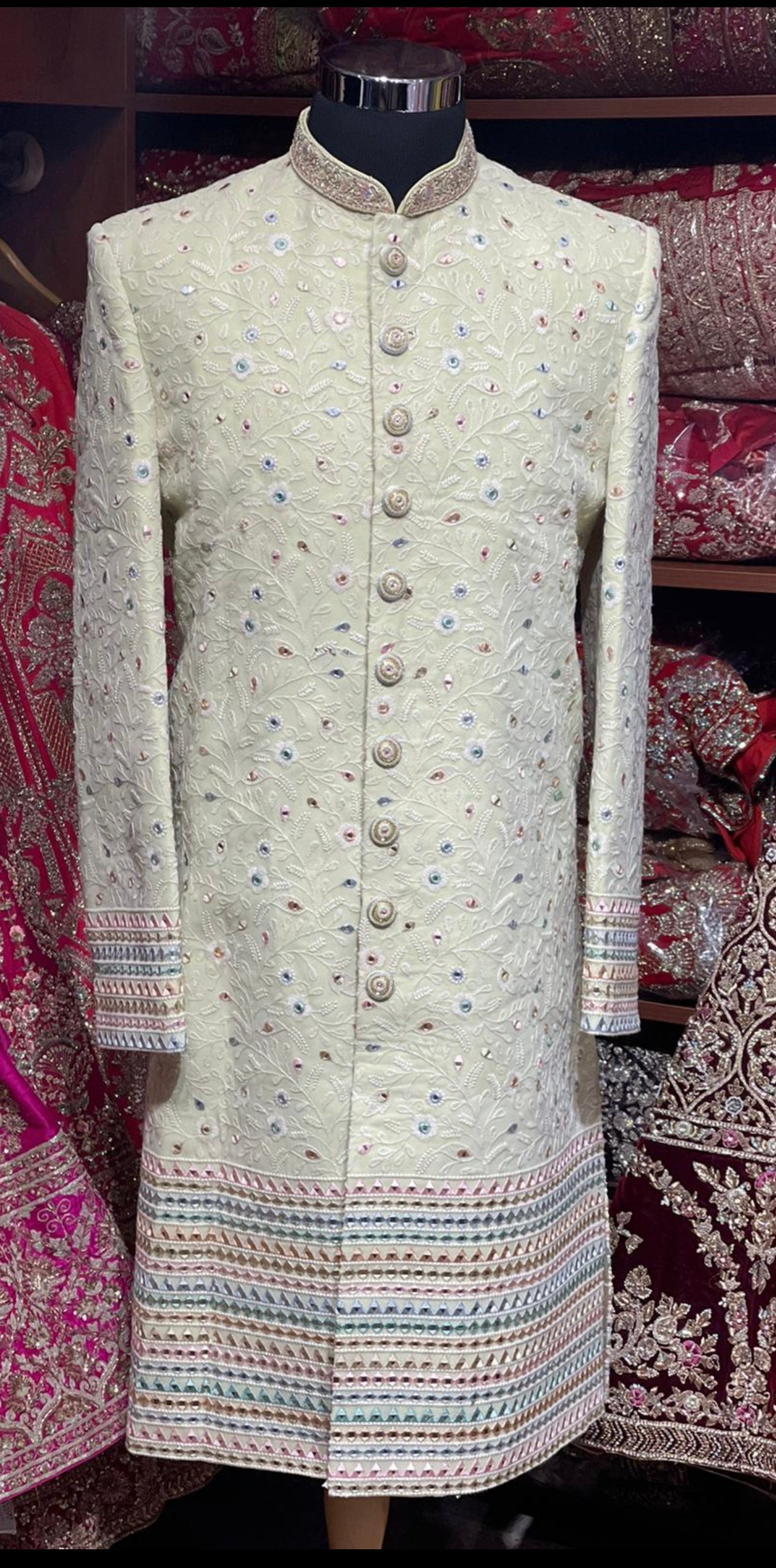 Mint Green Thread Embroidered Sherwani- 1257