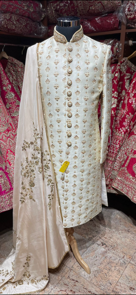 Pearl White & Gold Silk Embroidered Sherwani- S46