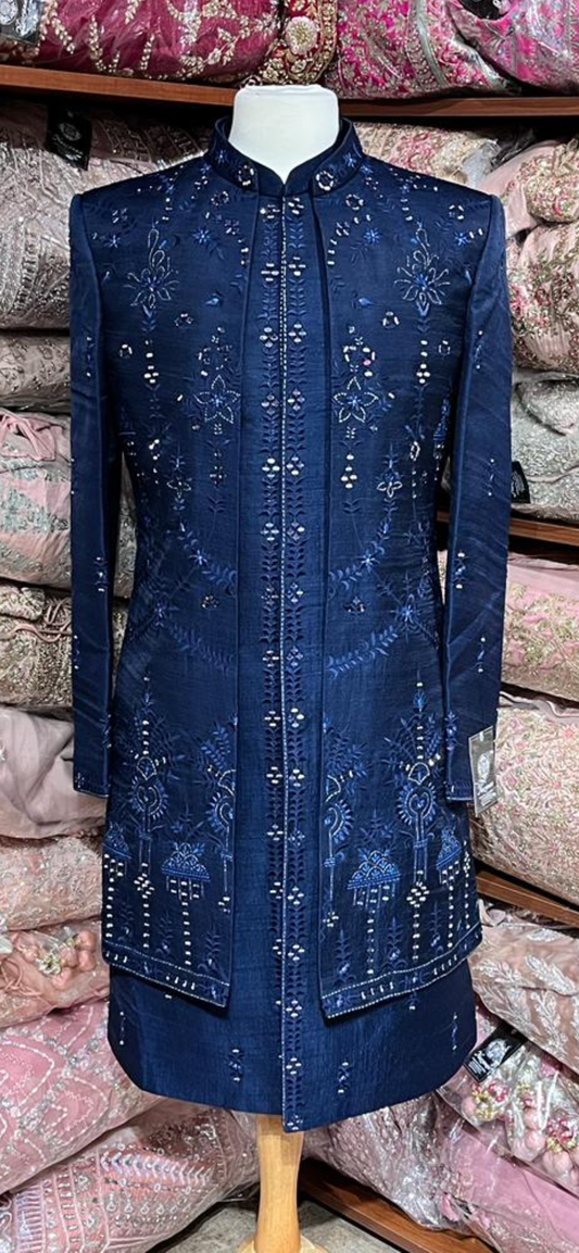 Midnight Blue Mirror Embroidered Sherwani-S13-403