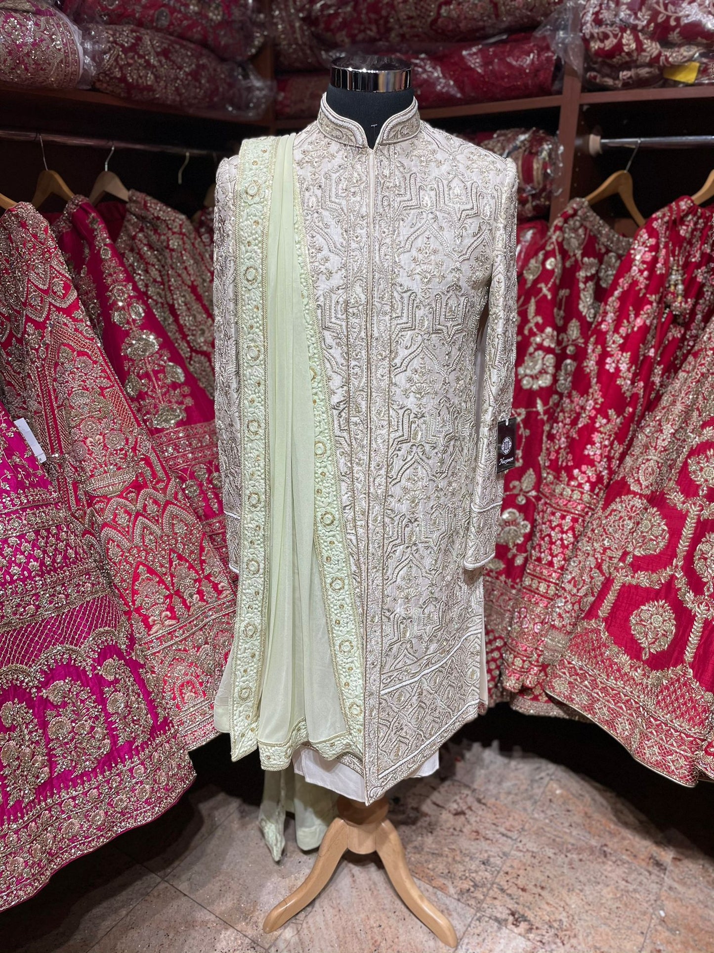 Ivory Silk Embroidered Sherwani-124