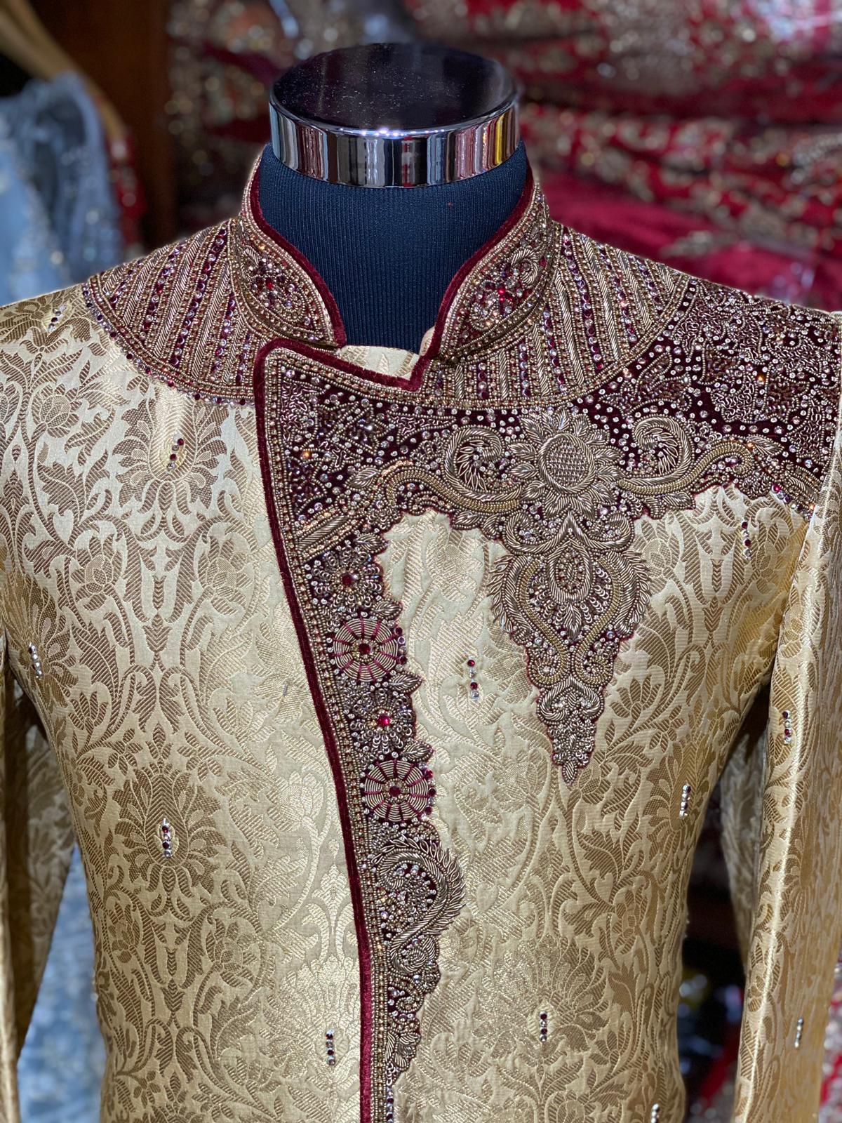 Gold Maroon Size 40 Wedding Sherwani