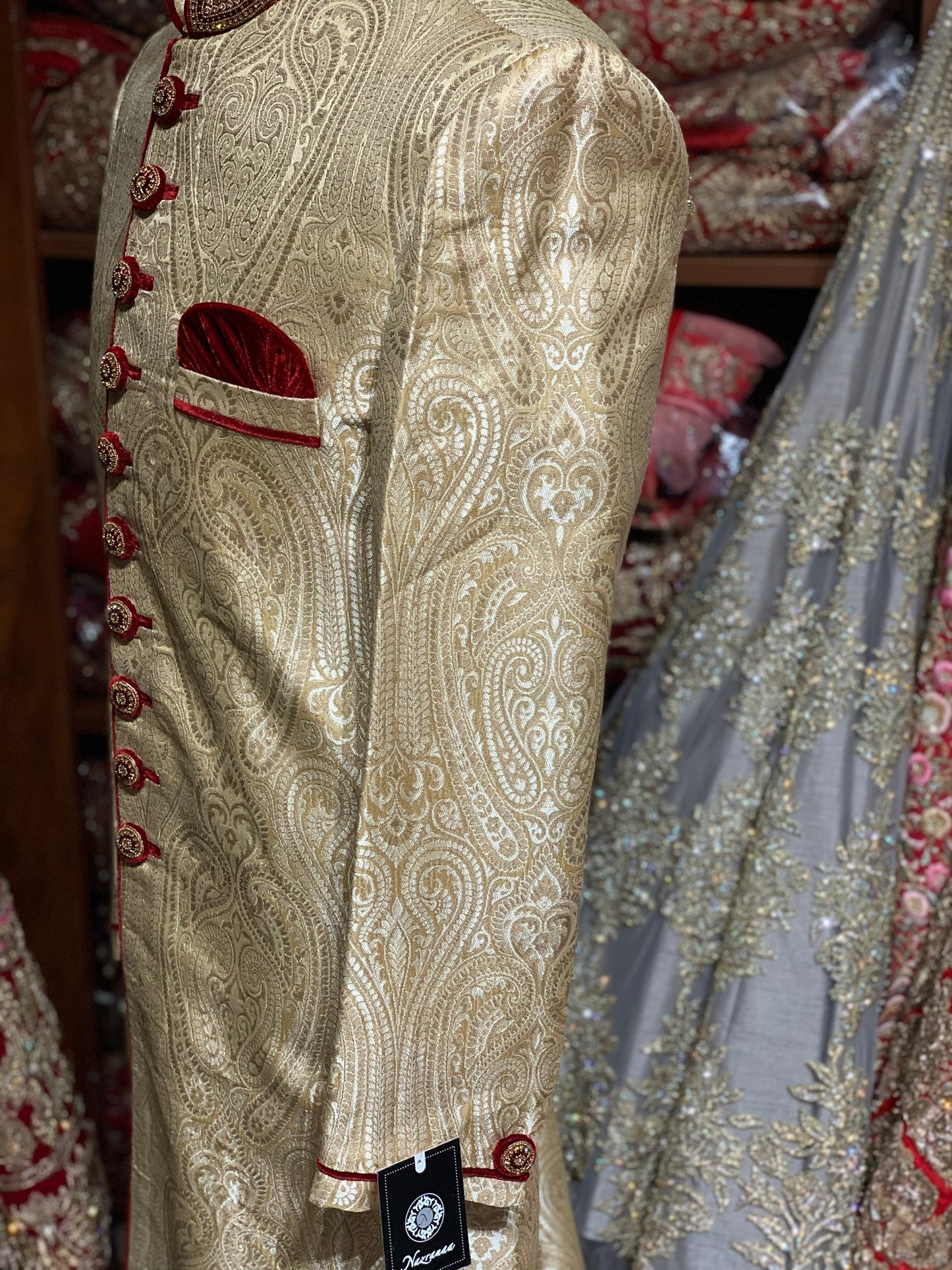 Gold Sherwani W/ Maroon Accents