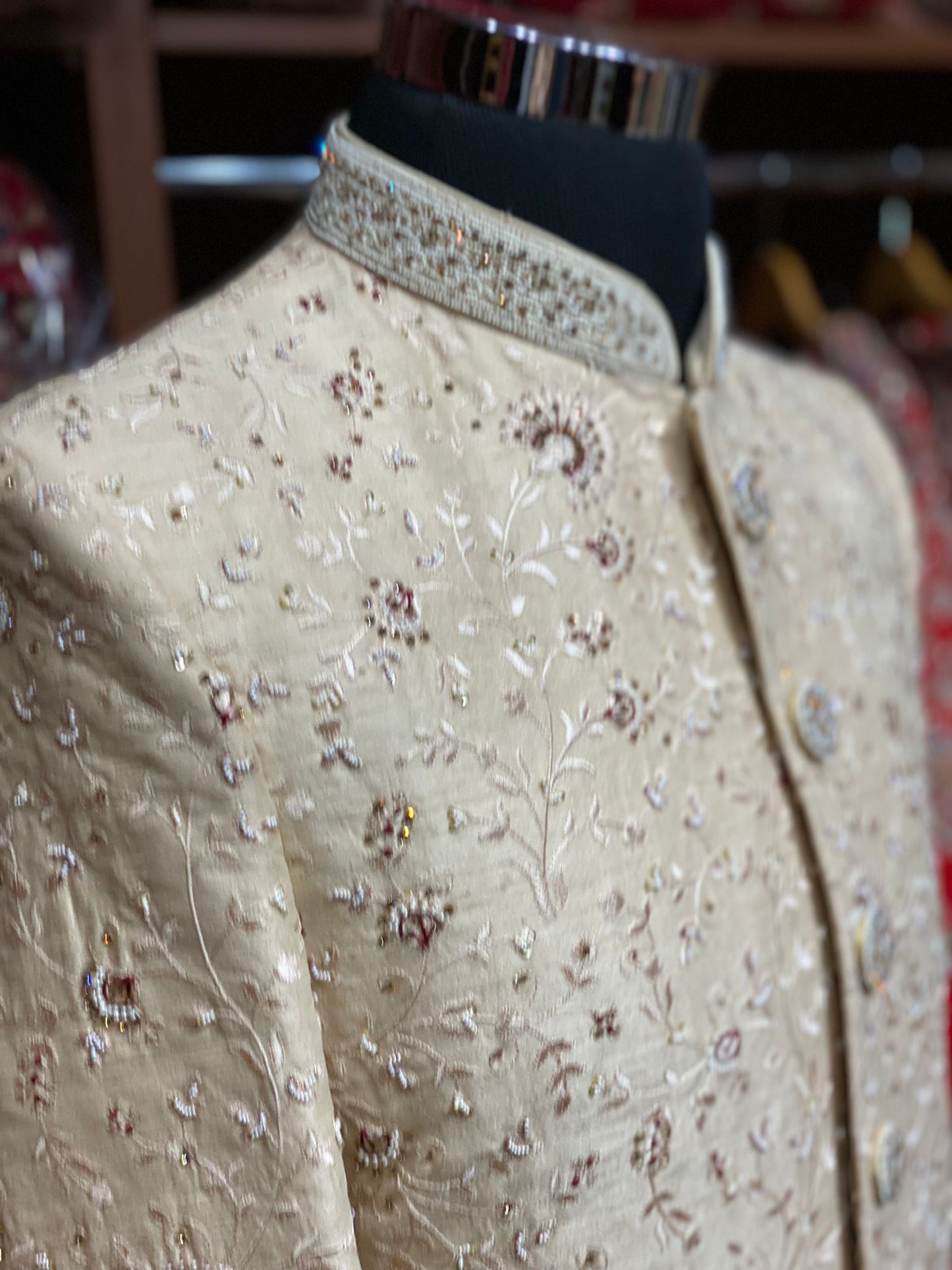 Beige Cream Thread Embroidered Sherwani-6170-A