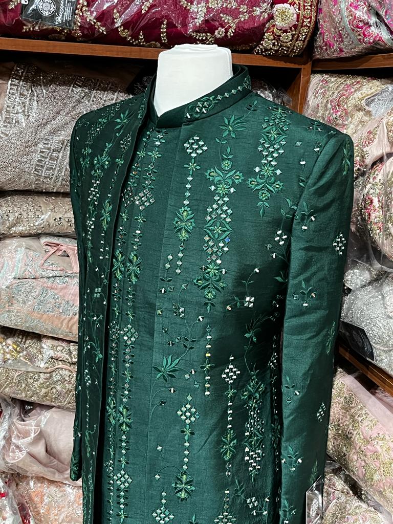 Emerald Green Mirror Embroidered Sherwani- S14-12