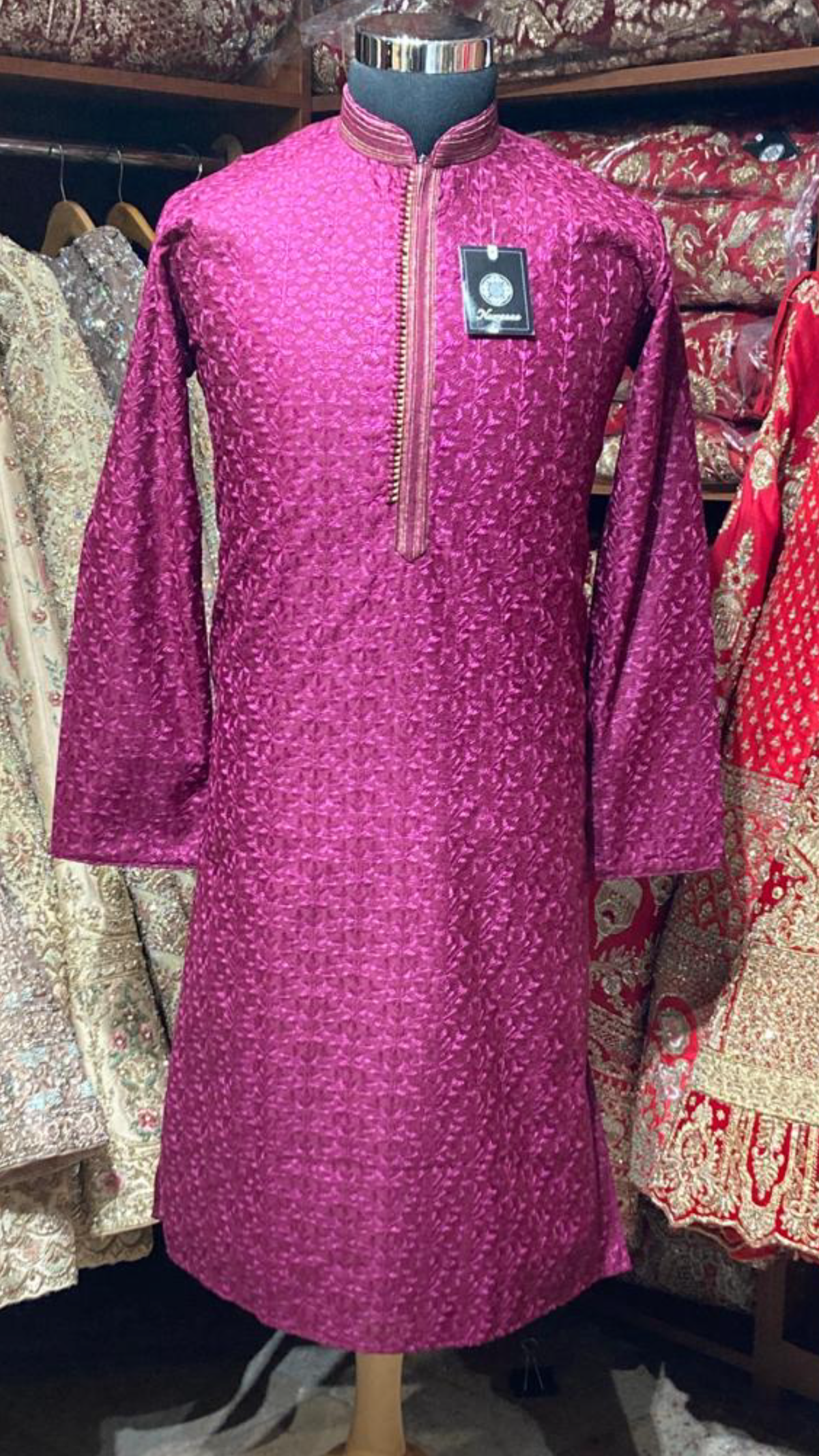 Magenta Purple Lucknow Kurta Pajama with Allover Thread Embroidery