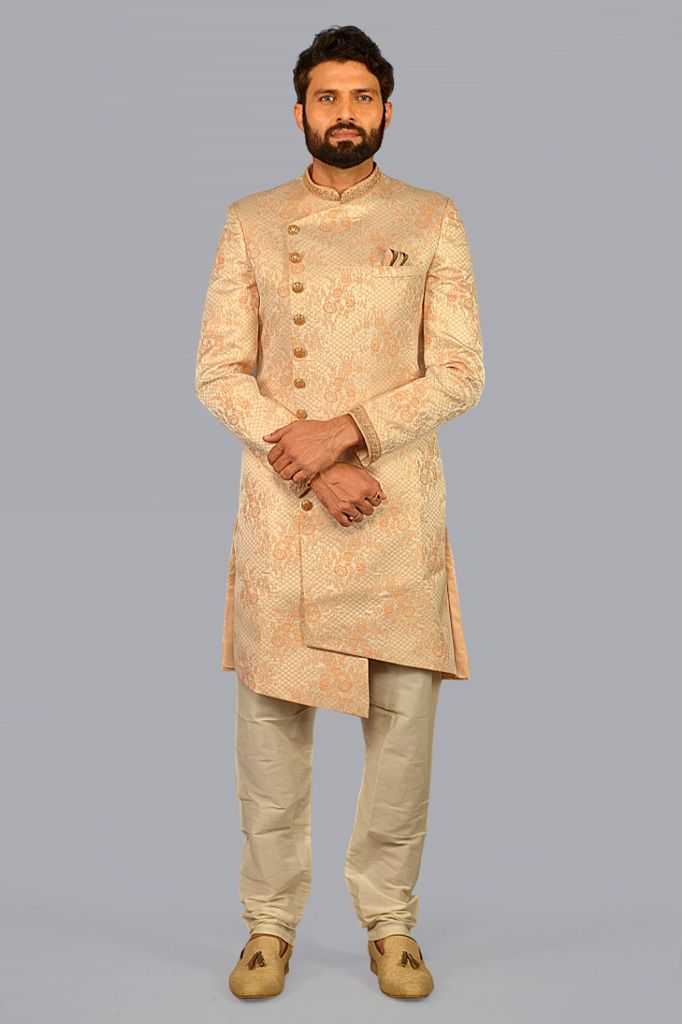 Peach Orange Silk Woven Brocade Sherwani