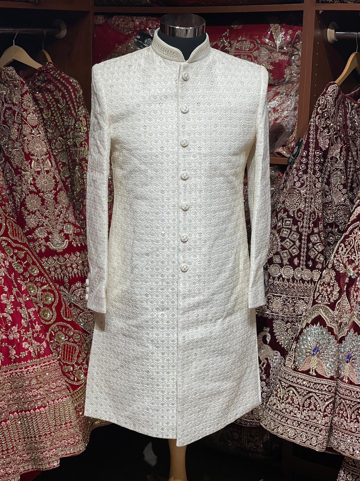 Off White Thread Embroidered Sherwani-P10S45