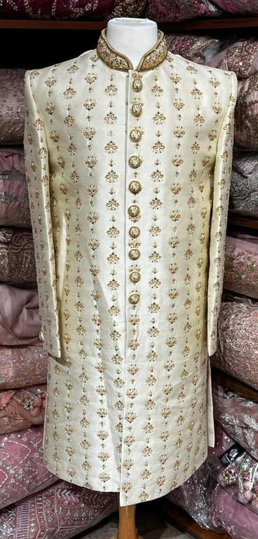 Pearl White Resham Embroidered Sherwani- SW-D2