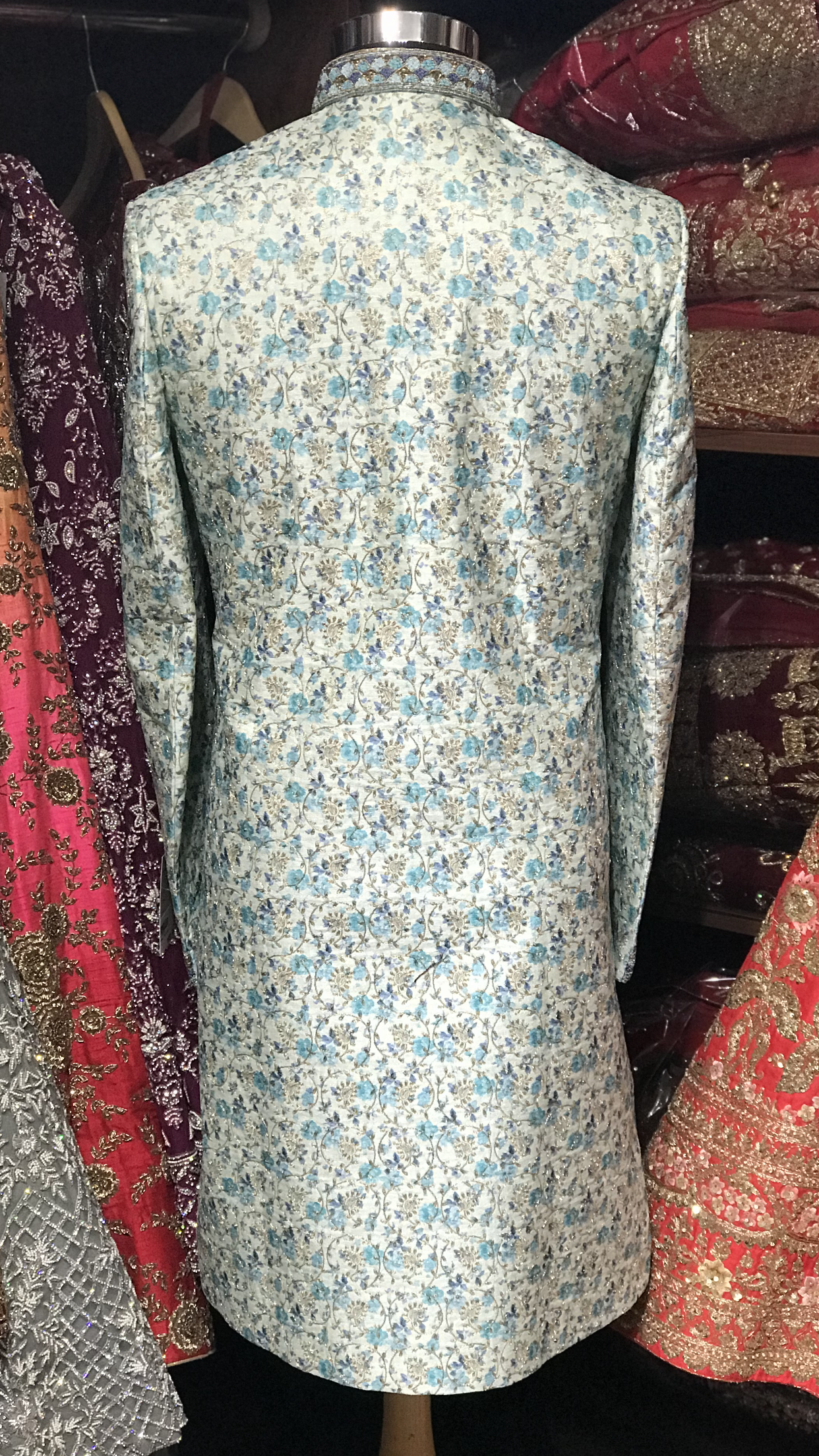 Ivory Blue Floral Print Sherwani