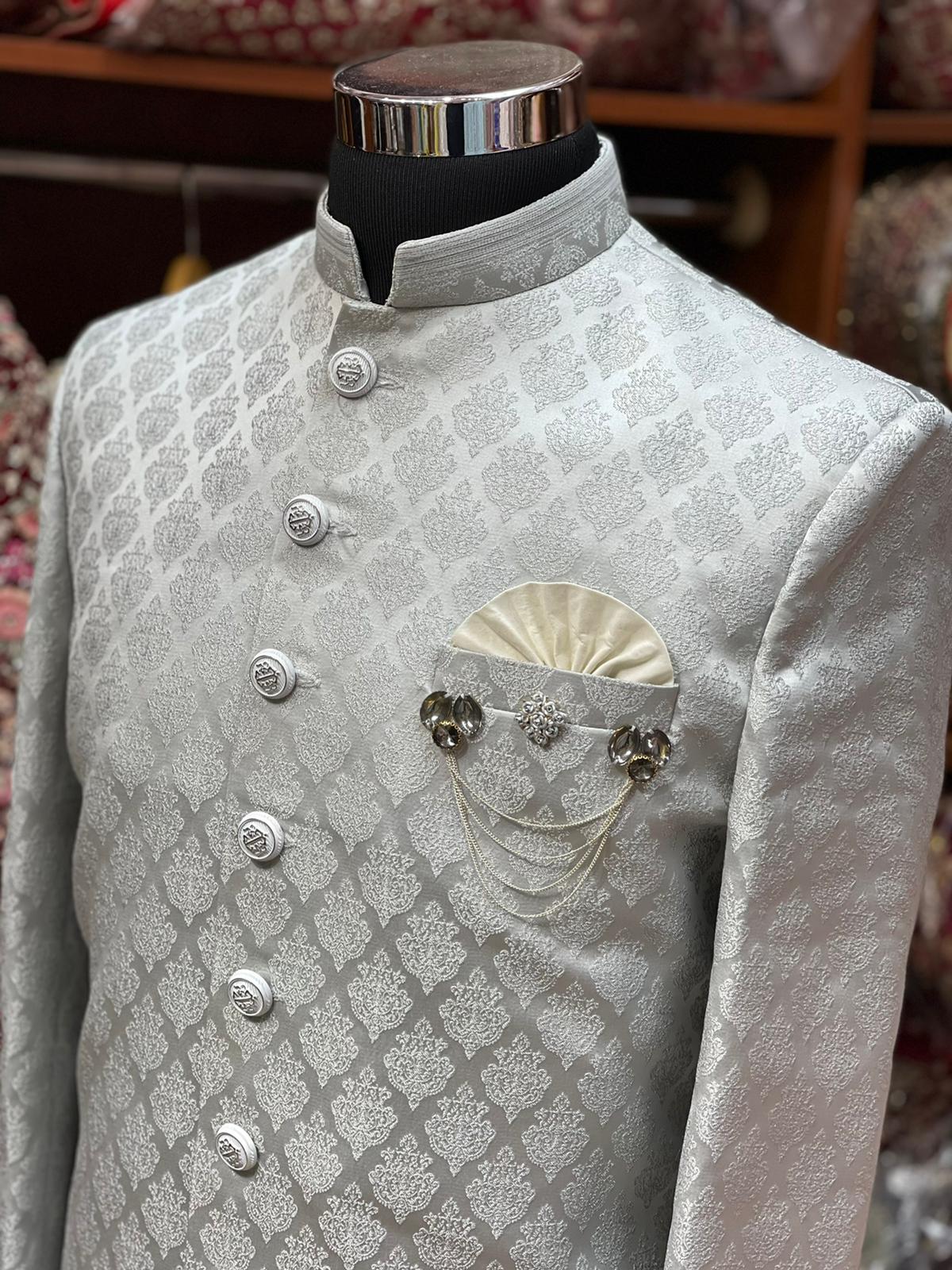 Slate Grey Embroidered Sherwani-S1305