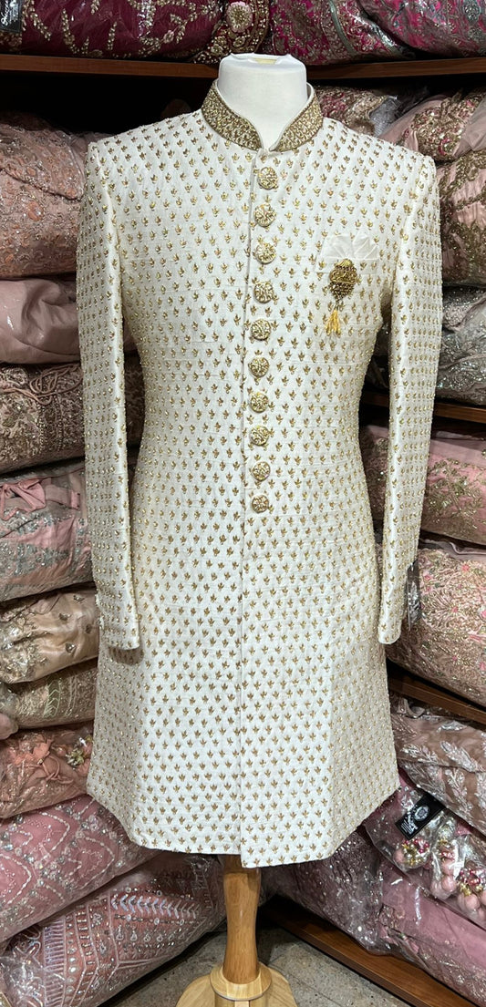 Pearl White Zari Embroidery Sherwani- M-1489