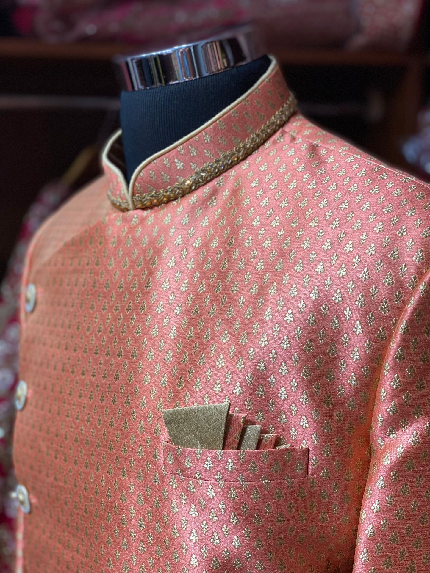 Coral Orange Brocade Sherwani