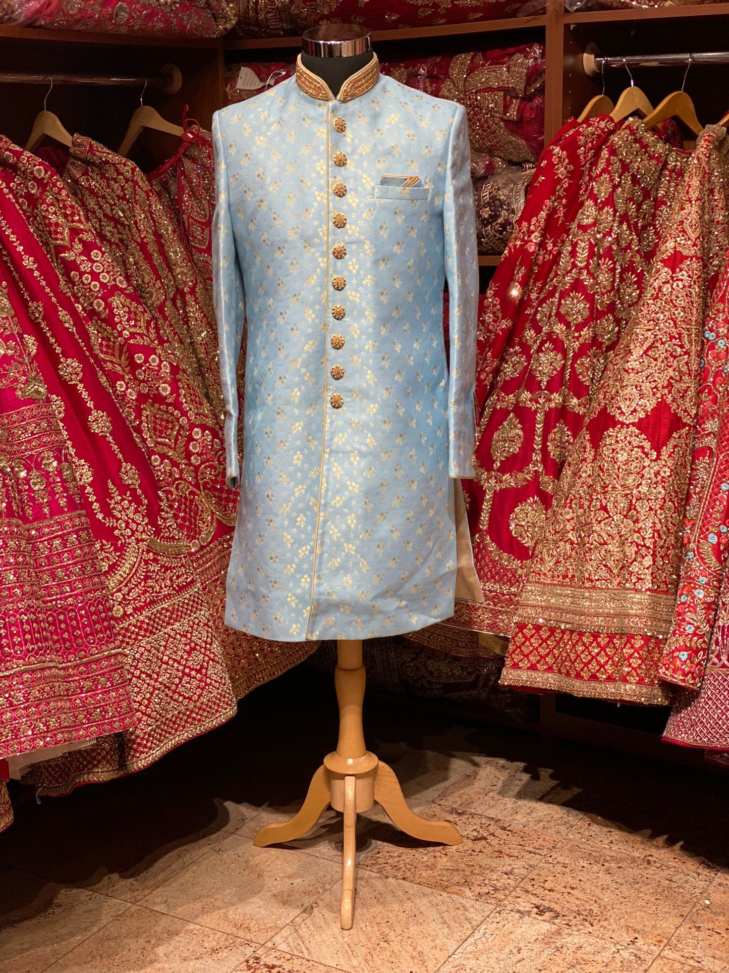 Sky Blue Zari Woven Embroidered Sherwani- S131198